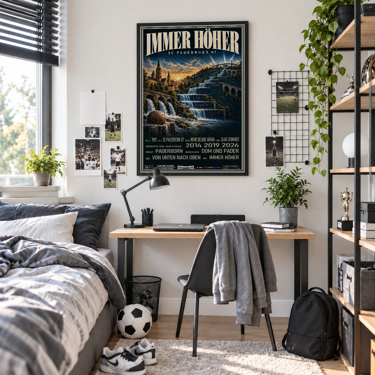SC Paderborn 07 Poster „Immer höher“ im schwarzen Rahmen über einem Schreibtisch