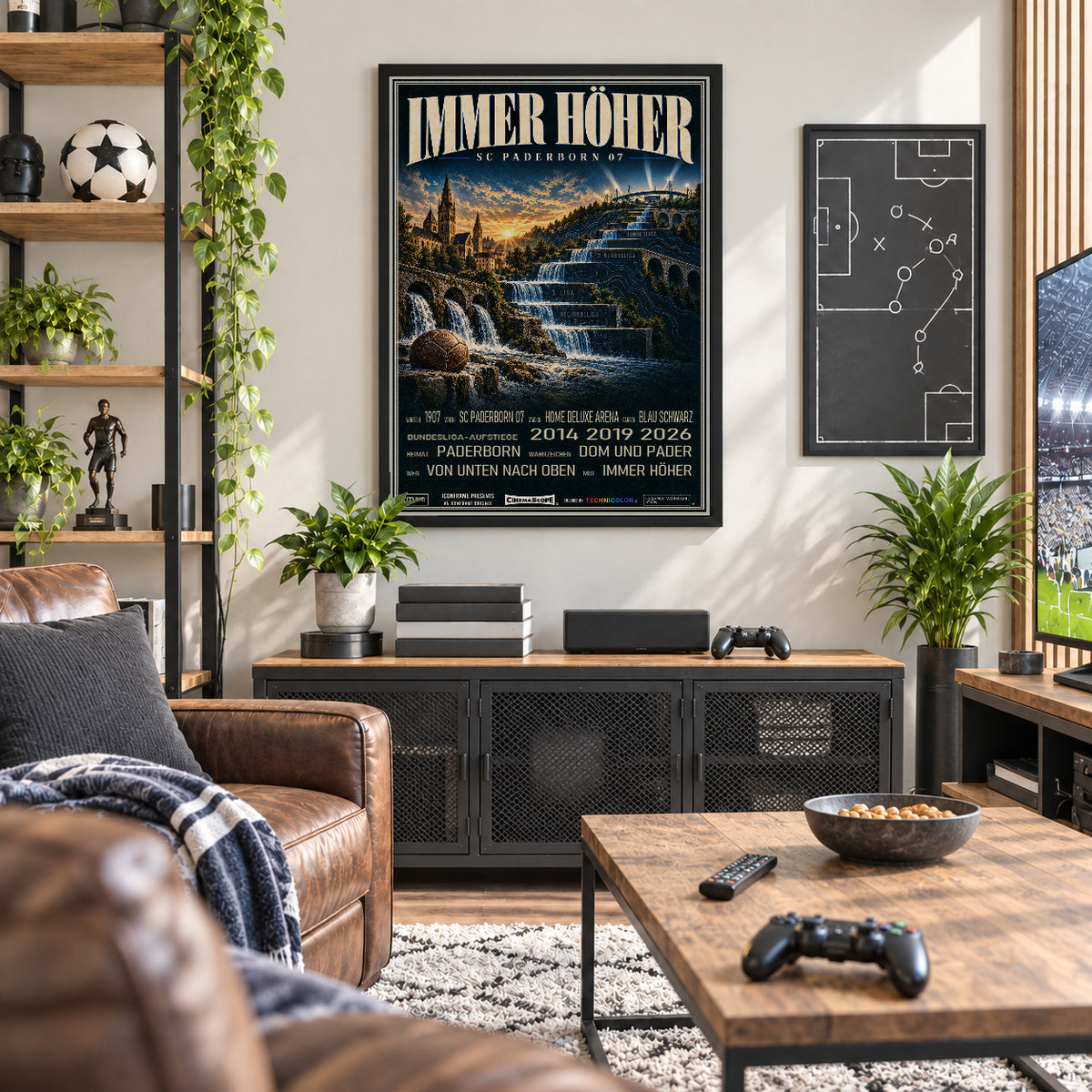 SC Paderborn 07 Poster „Immer höher“ im schwarzen Rahmen über einem dunklen Sideboard