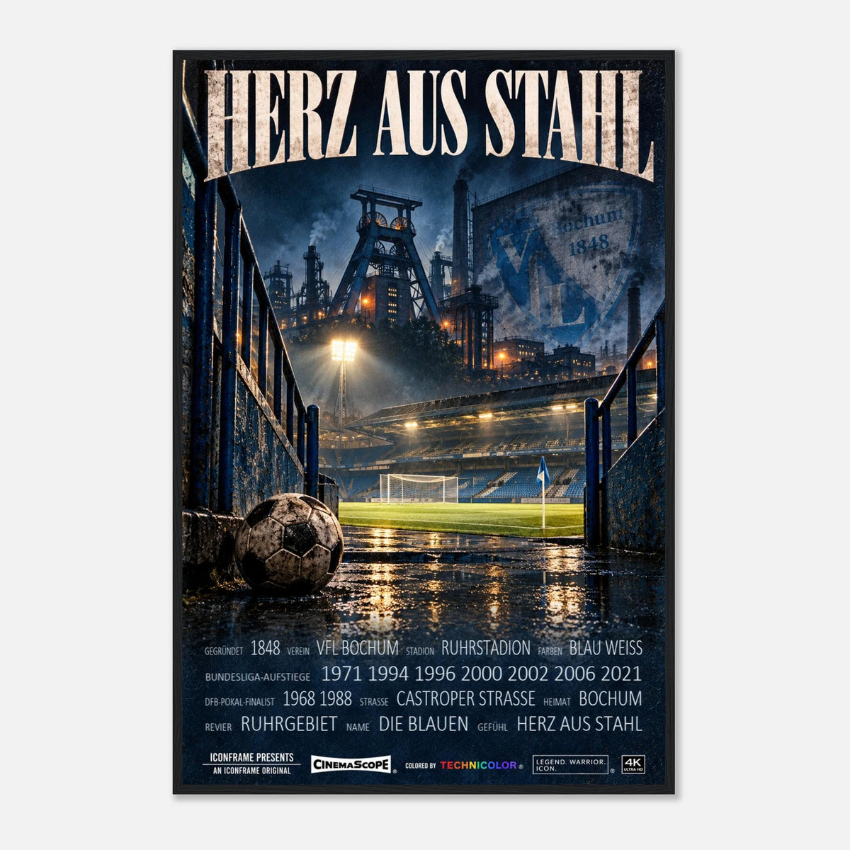 VfL Bochum Poster „Herz aus Stahl“ – 60 × 90 cm, mit schwarzem Holzrahmen vor hellem Hintergrund