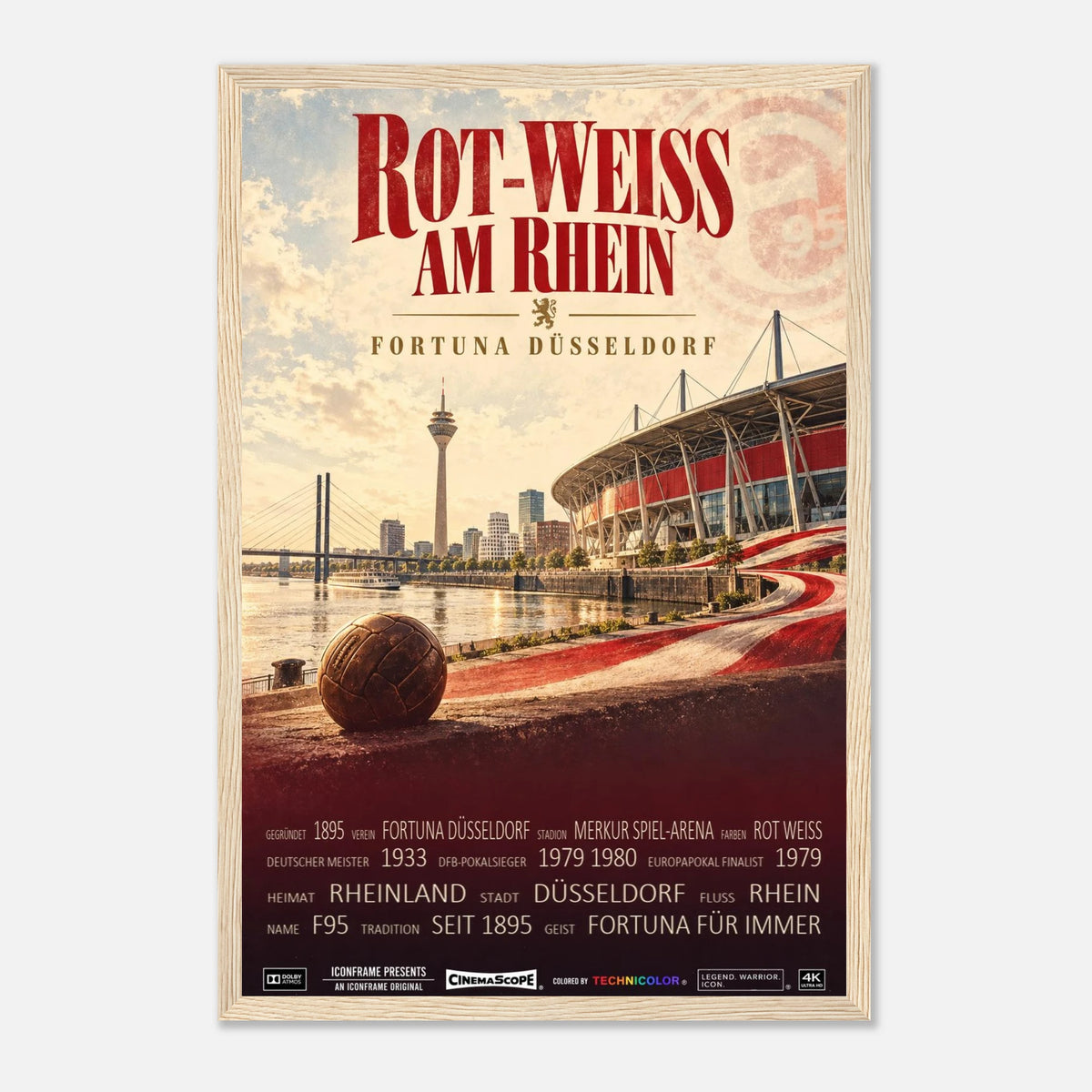 Fortuna Düsseldorf Poster „Rot-Weiss am Rhein“ – 30 × 45 cm, mit naturfarbenem Holzrahmen