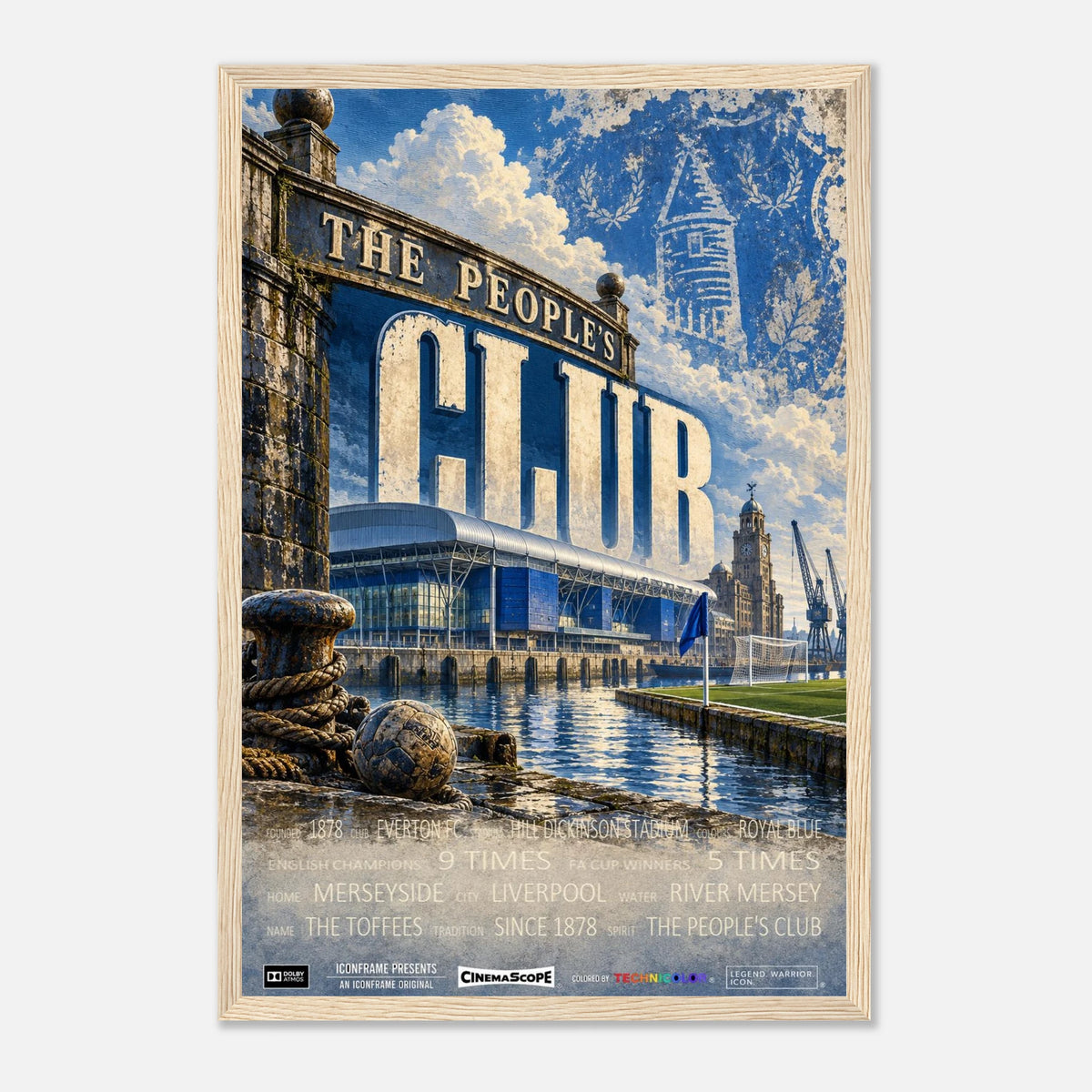 Everton Poster „The People's Club“ – 30 × 45 cm, mit naturfarbenem Holzrahmen vor hellem Hintergrund