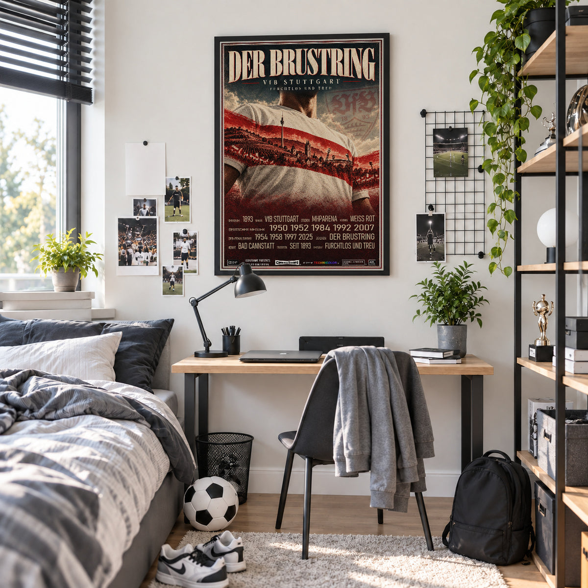 VfB Stuttgart Poster „Der Brustring“ im schwarzen Rahmen über einem Schreibtisch