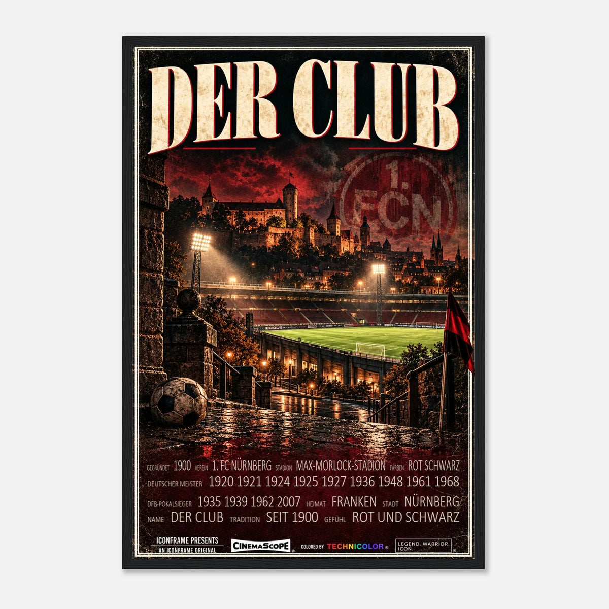 1. FC Nürnberg Poster „Der Club“ – 40 × 60 cm, mit schwarzem Holzrahmen vor hellem Hintergrund