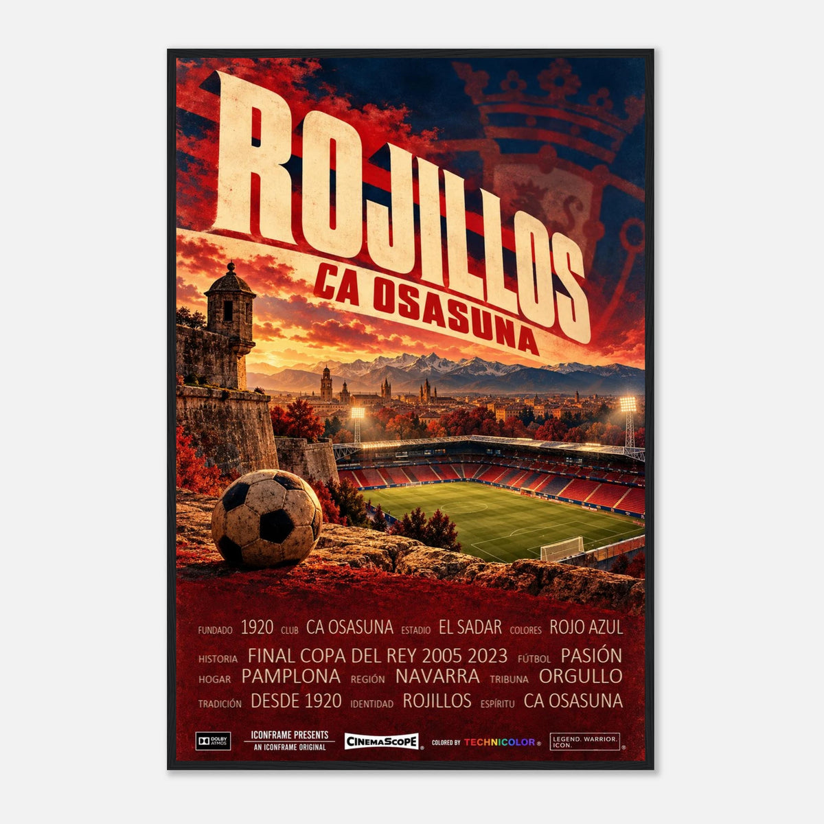CA Osasuna Poster „Rojillos“ – 60 × 90 cm, mit schwarzem Holzrahmen vor hellem Hintergrund