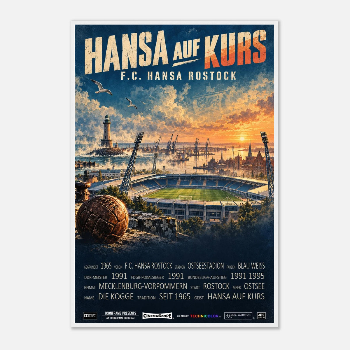 Hansa Rostock Poster „Hansa auf Kurs“ – 60 × 90 cm, mit weißem Holzrahmen