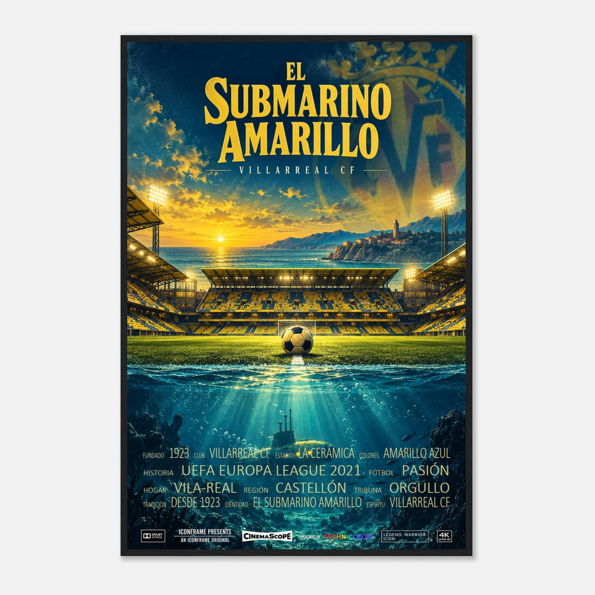 Villarreal Poster „El Submarino Amarillo“ – 60 × 90 cm, mit schwarzem Holzrahmen vor hellem Hintergrund