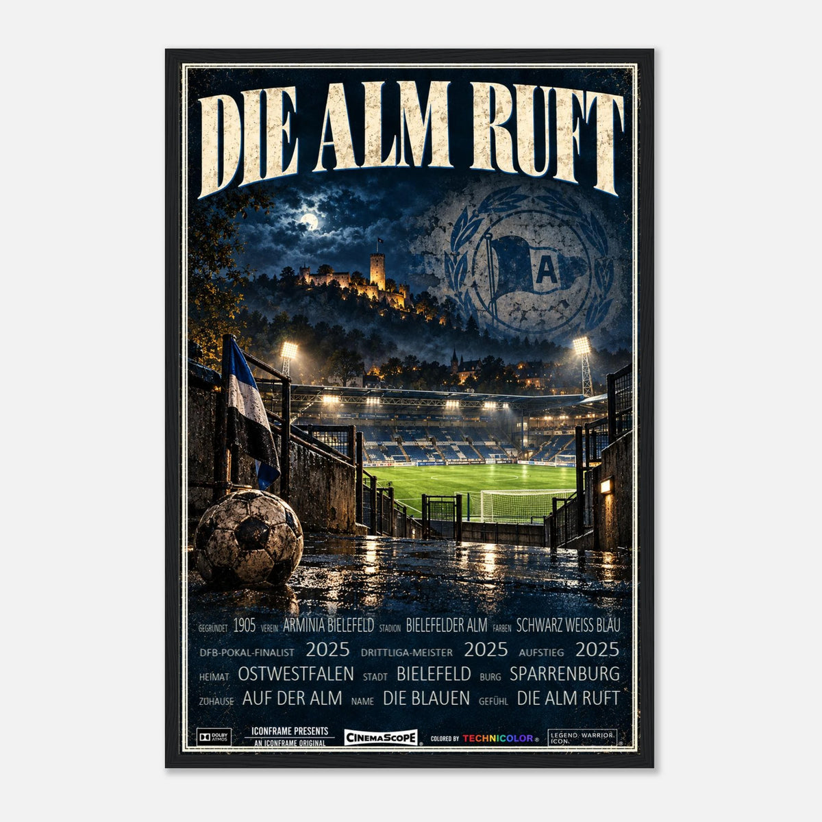 Arminia Bielefeld Poster „Die Alm ruft“ – 40 × 60 cm, mit schwarzem Holzrahmen vor hellem Hintergrund