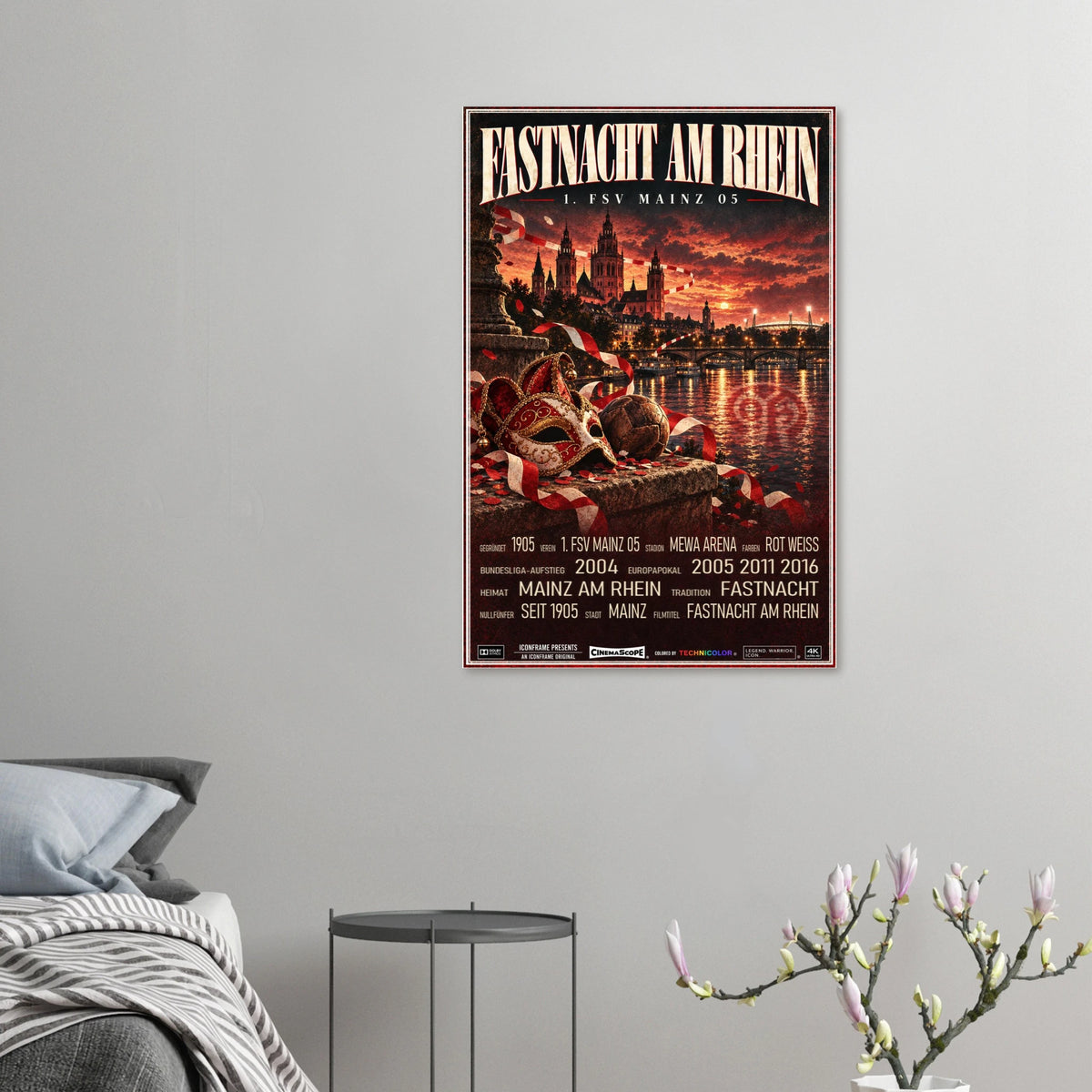 Mainz 05 Poster „Fastnacht am Rhein“ an einer grauen Wand neben einem Bett