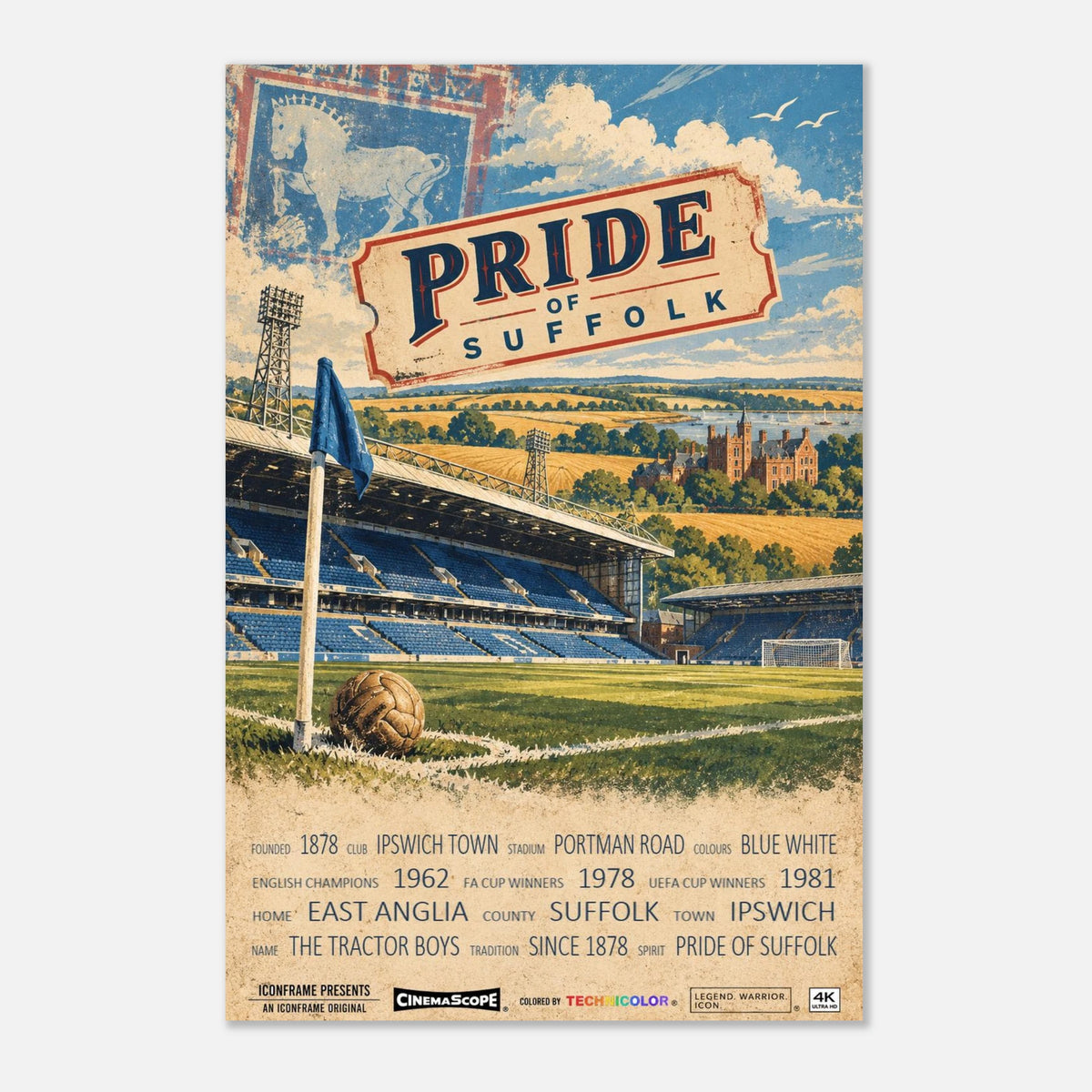 Ipswich Town Poster „Pride of Suffolk“ – 30 × 45 cm, ohne Rahmen vor hellem Hintergrund