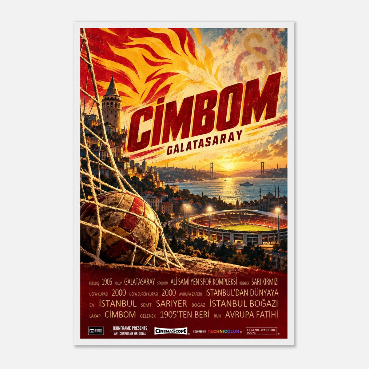 Galatasaray Istanbul Poster „Cimbom“ – 40 × 60 cm, mit weißem Holzrahmen