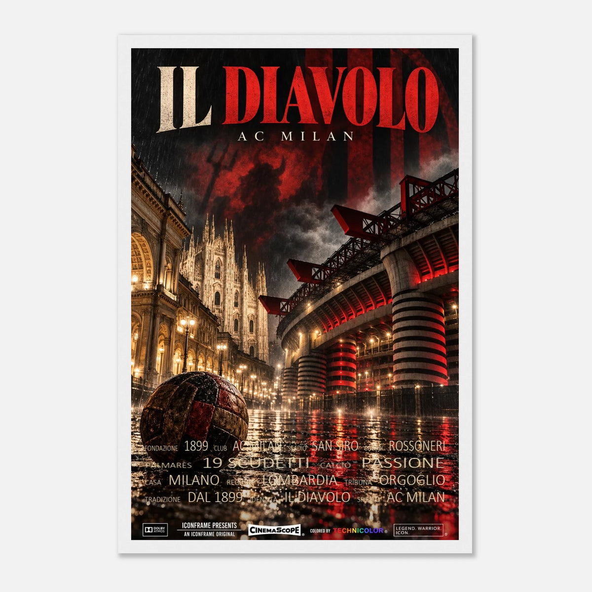 AC Mailand Poster „Il Diavolo“ – 30 × 45 cm, mit weißem Holzrahmen vor hellem Hintergrund