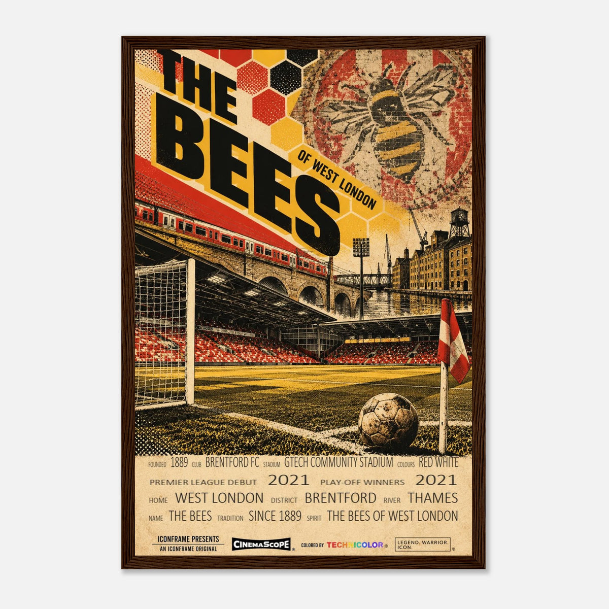 Brentford Poster „The Bees“ – 30 × 45 cm, mit dunkelbraunem Holzrahmen vor hellem Hintergrund
