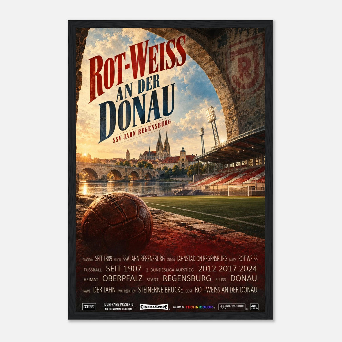 SSV Jahn Regensburg Poster „Rot-Weiss an der Donau“ – 30 × 45 cm, mit schwarzem Holzrahmen
