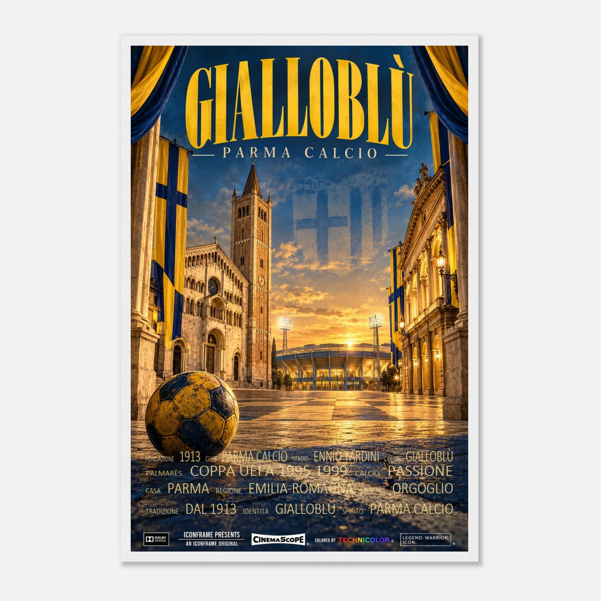 Parma Calcio Poster „Gialloblù“ – 40 × 60 cm, mit weißem Holzrahmen vor hellem Hintergrund