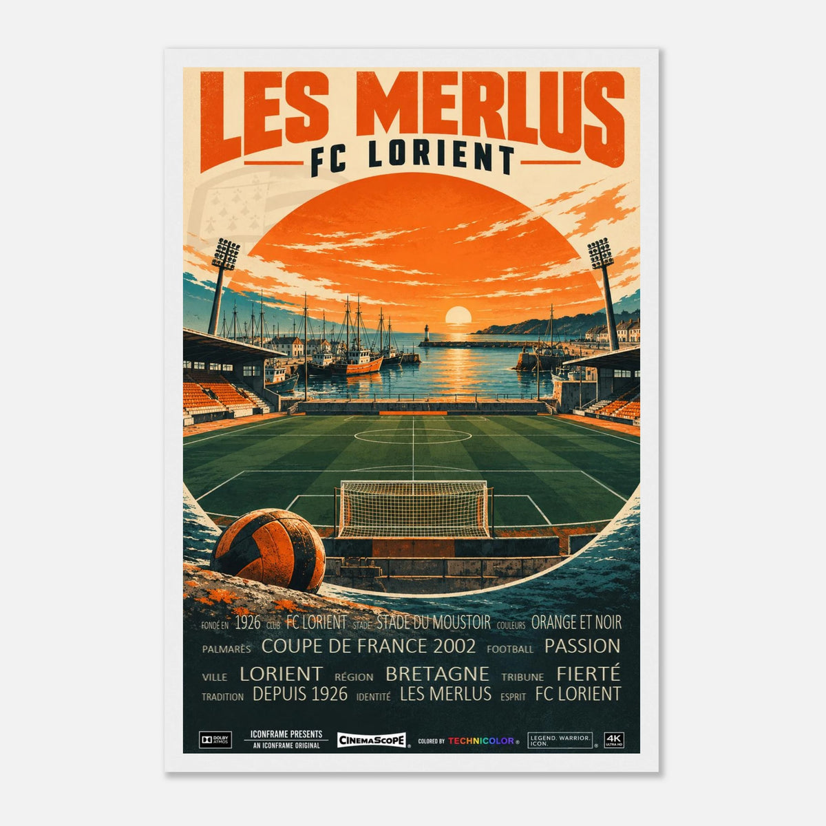 FC Lorient Poster „Les Merlus“ – 30 × 45 cm, mit weißem Holzrahmen