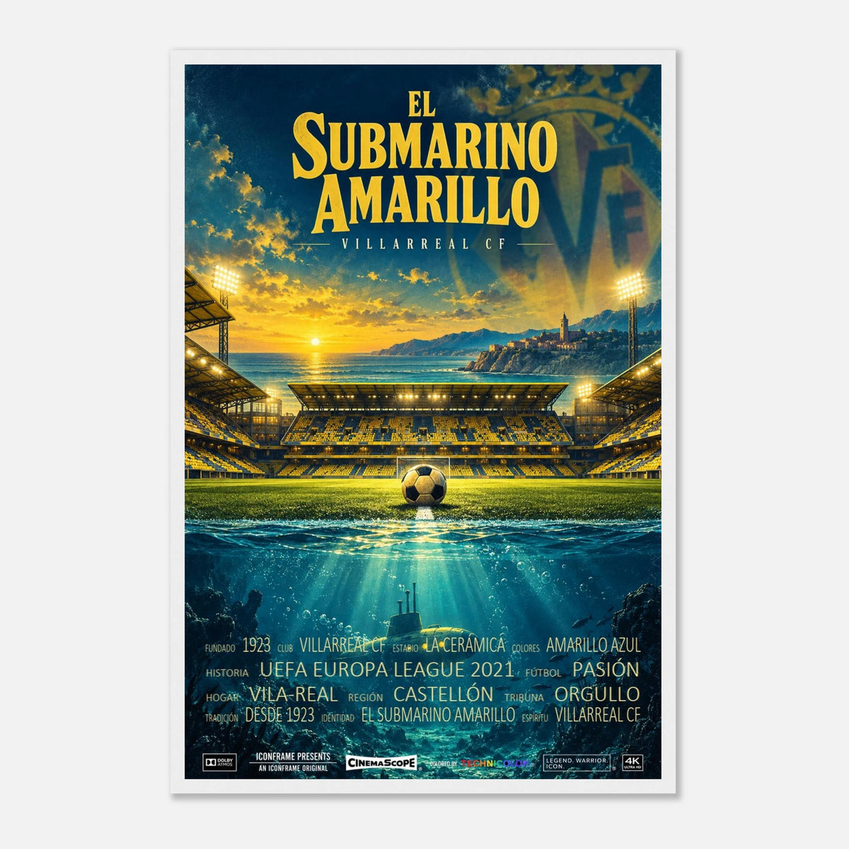 Villarreal Poster „El Submarino Amarillo“ – 40 × 60 cm, mit weißem Holzrahmen vor hellem Hintergrund