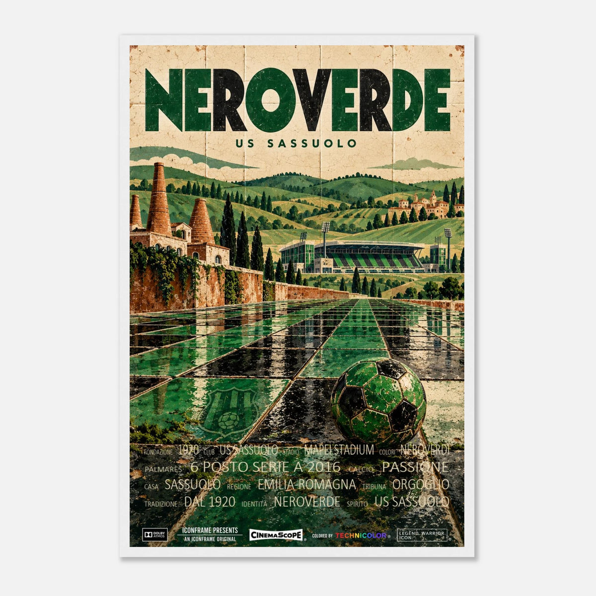 US Sassuolo Poster „Neroverde“ – 40 × 60 cm, mit weißem Holzrahmen vor hellem Hintergrund