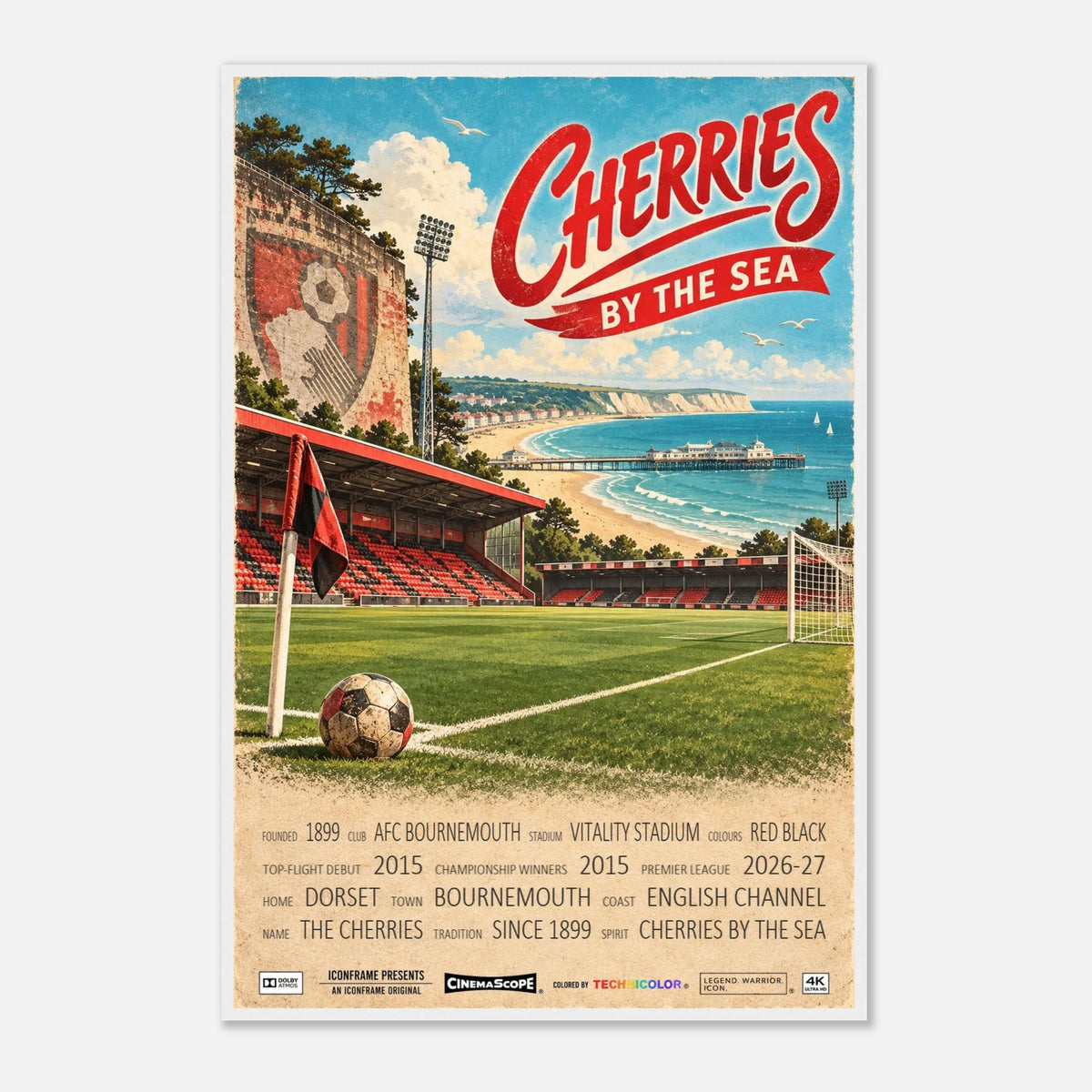 AFC Bournemouth Poster „Cherries by the Sea“ – 60 × 90 cm, mit weißem Holzrahmen vor hellem Hintergrund