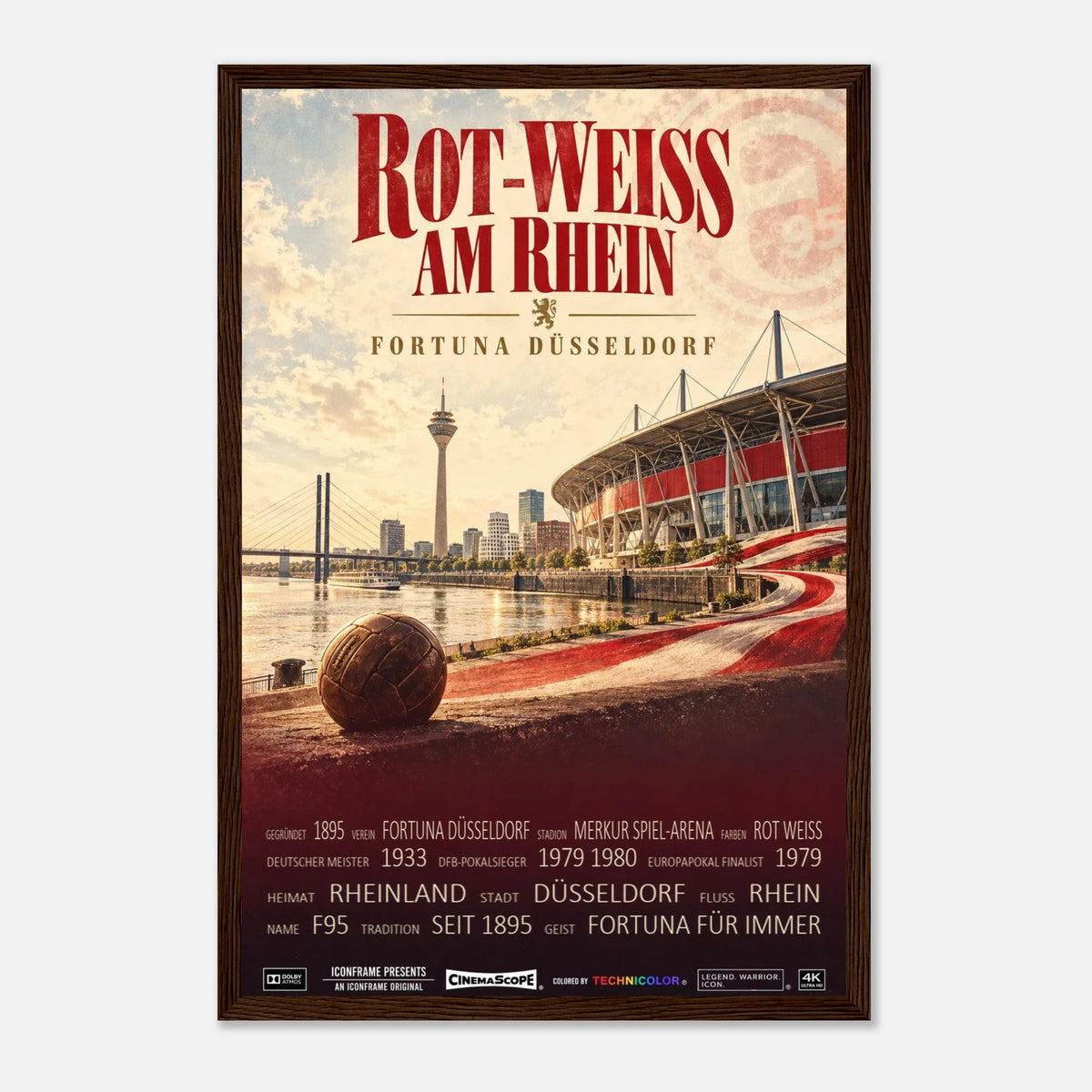 Fortuna Düsseldorf Poster „Rot-Weiss am Rhein“ – 30 × 45 cm, mit dunkelbraunem Holzrahmen
