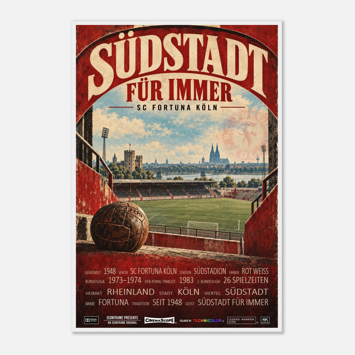 SC Fortuna Köln Poster „Südstadt für immer“ – 60 × 90 cm, mit weißem Holzrahmen