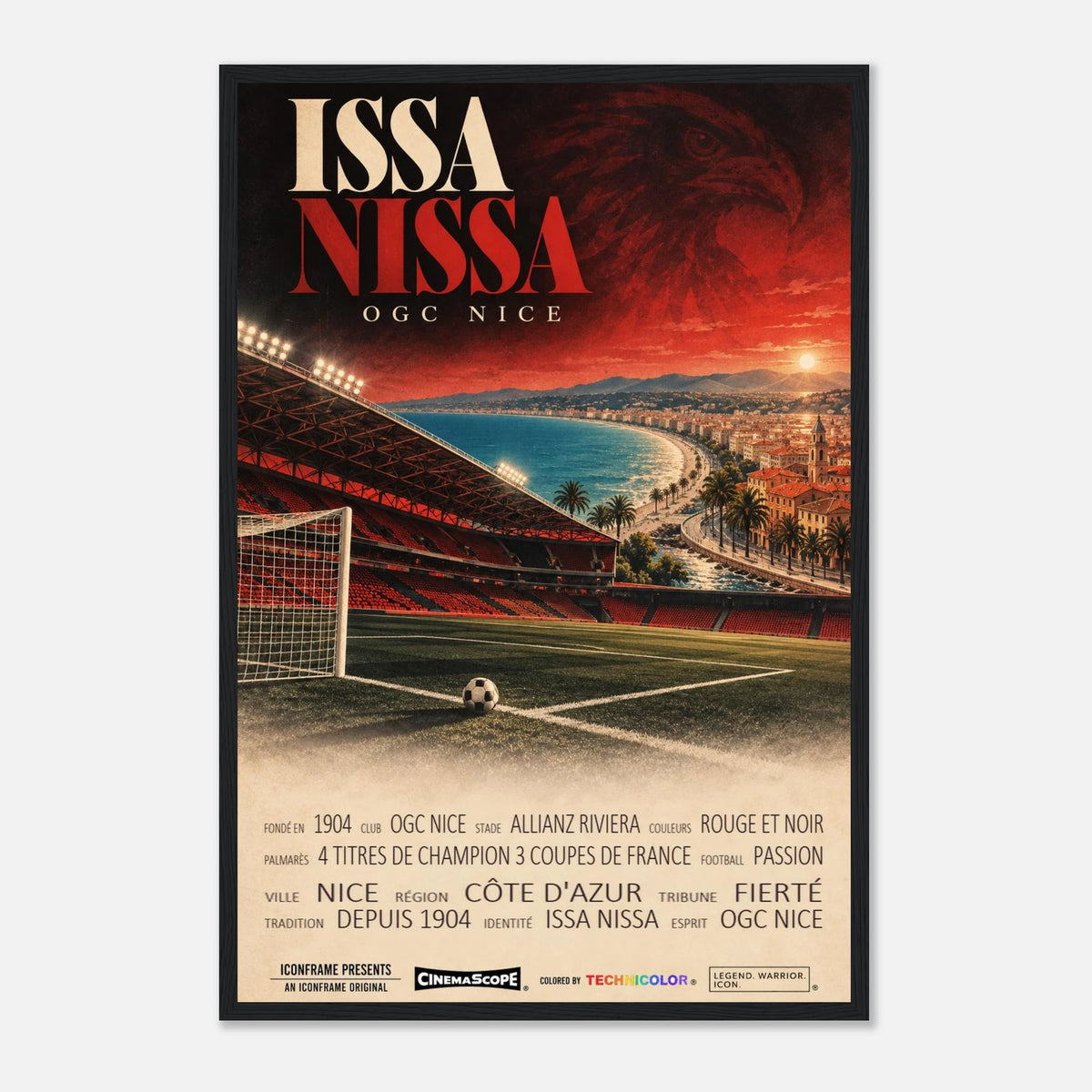 OGC Nizza Poster „Issa Nissa“ – 40 × 60 cm, mit schwarzem Holzrahmen