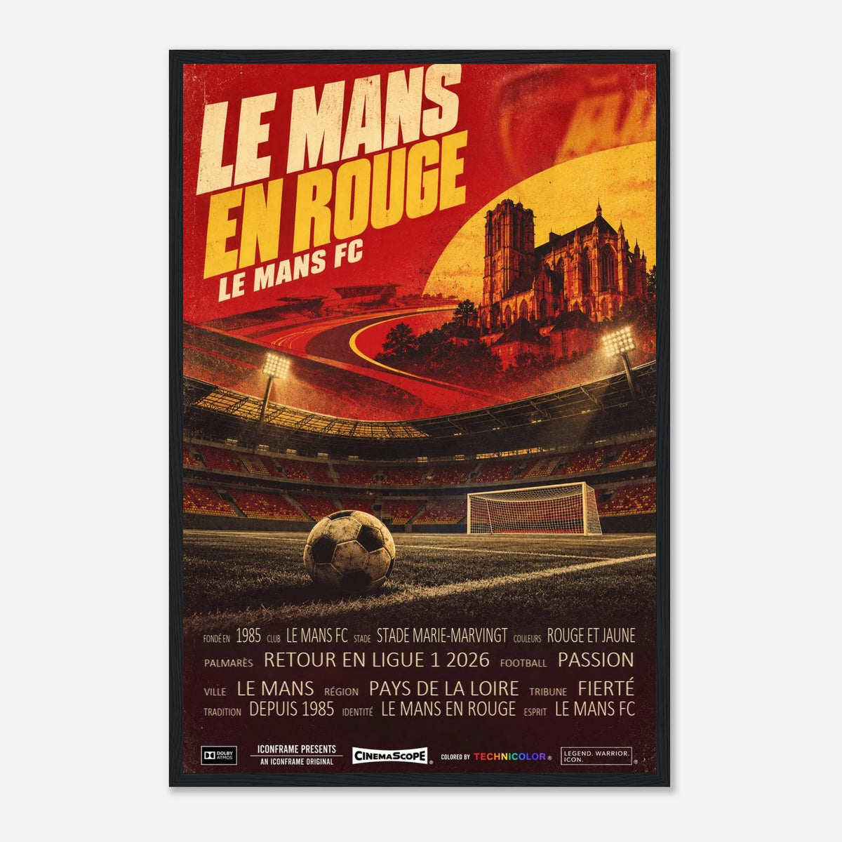 Le Mans FC Poster „Le Mans en Rouge“ – 40 × 60 cm, mit schwarzem Holzrahmen