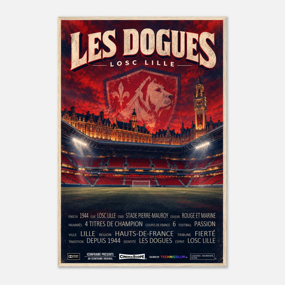 LOSC Lille Poster „Les Dogues“ – 60 × 90 cm, mit naturfarbenem Holzrahmen