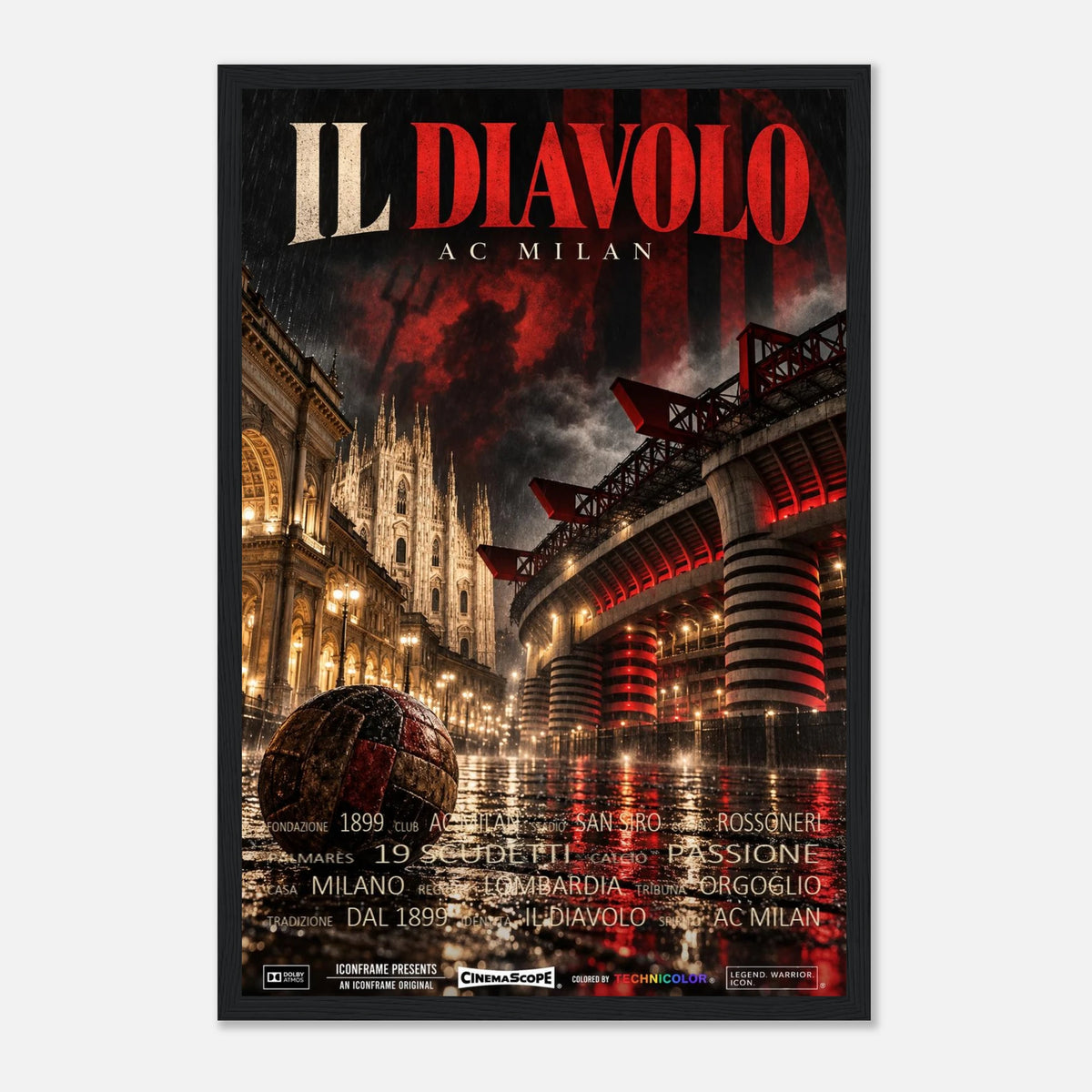 AC Mailand Poster „Il Diavolo“ – 30 × 45 cm, mit schwarzem Holzrahmen vor hellem Hintergrund