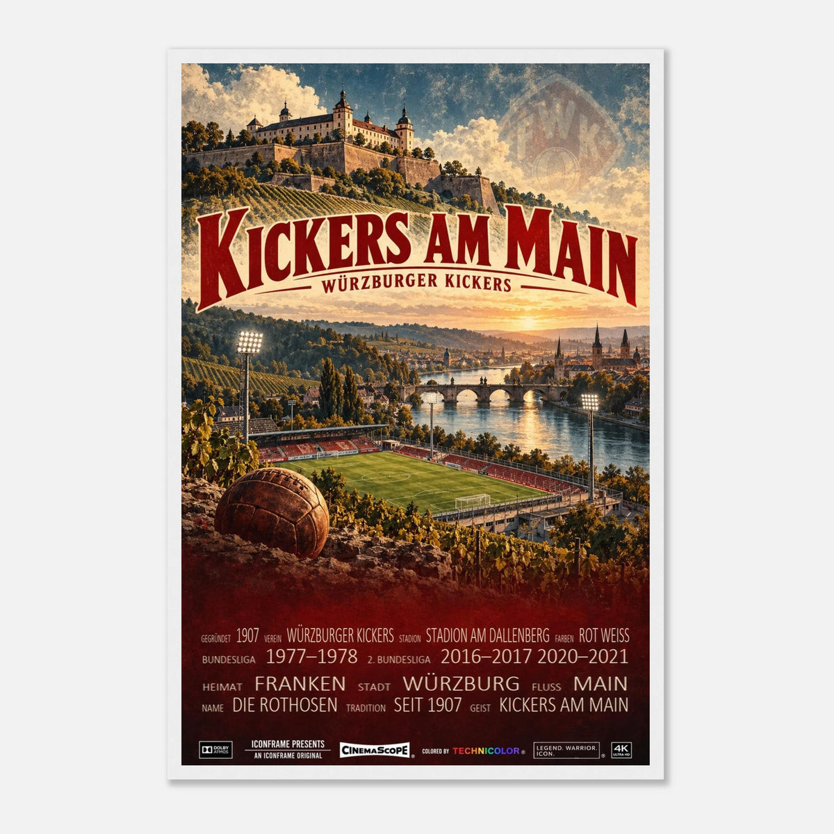 Würzburger Kickers Poster „Kickers am Main“ – 40 × 60 cm, mit weißem Holzrahmen