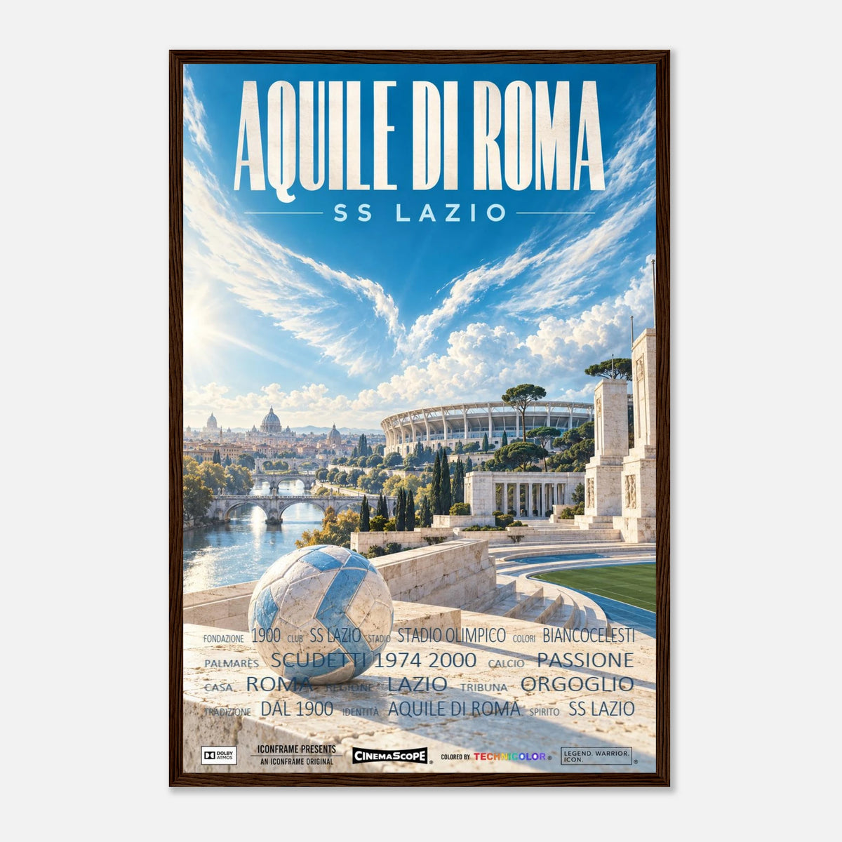 Lazio Rom Poster „Aquile di Roma“ – 40 × 60 cm, mit dunkelbraunem Holzrahmen vor hellem Hintergrund