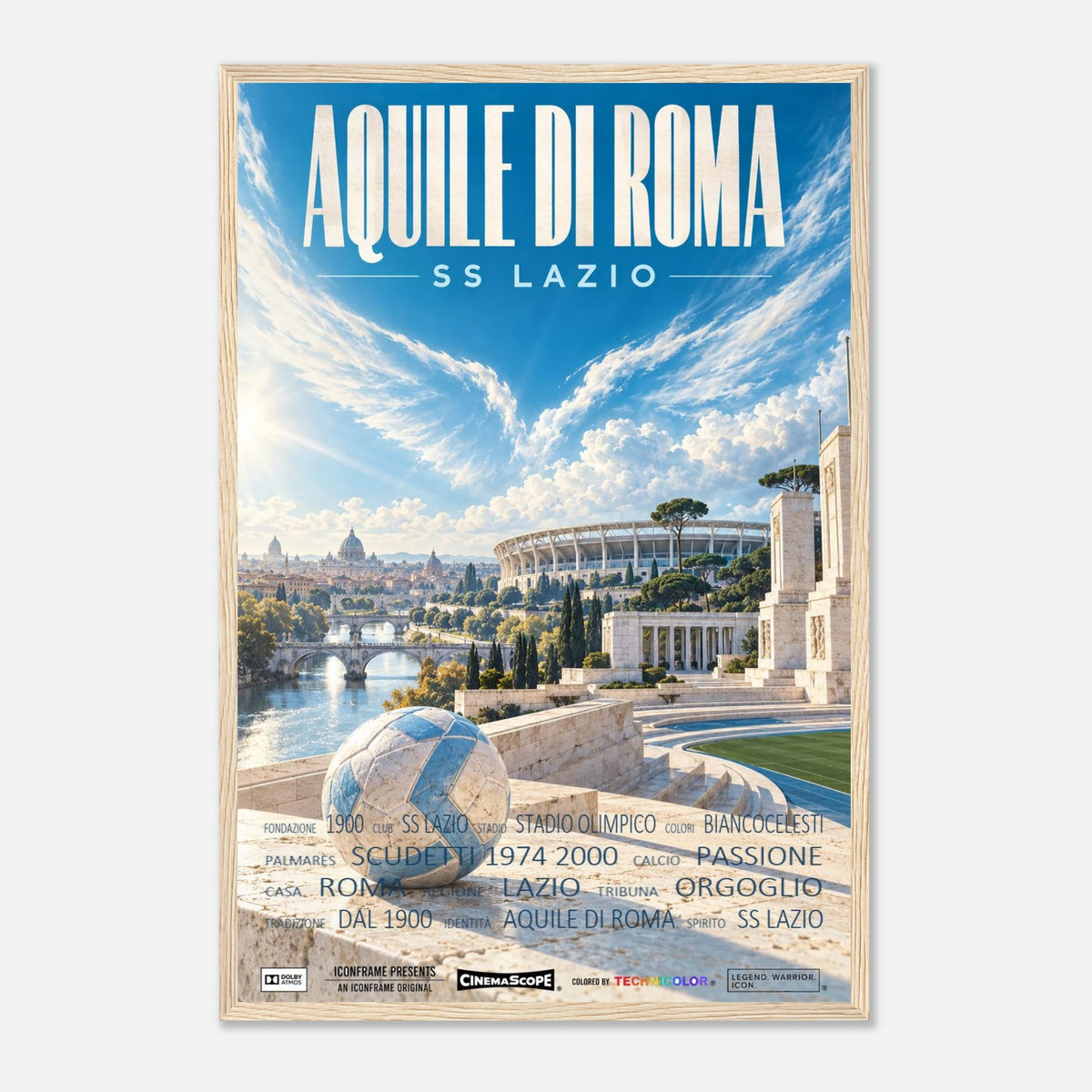 Lazio Rom Poster „Aquile di Roma“ – 40 × 60 cm, mit naturfarbenem Holzrahmen vor hellem Hintergrund