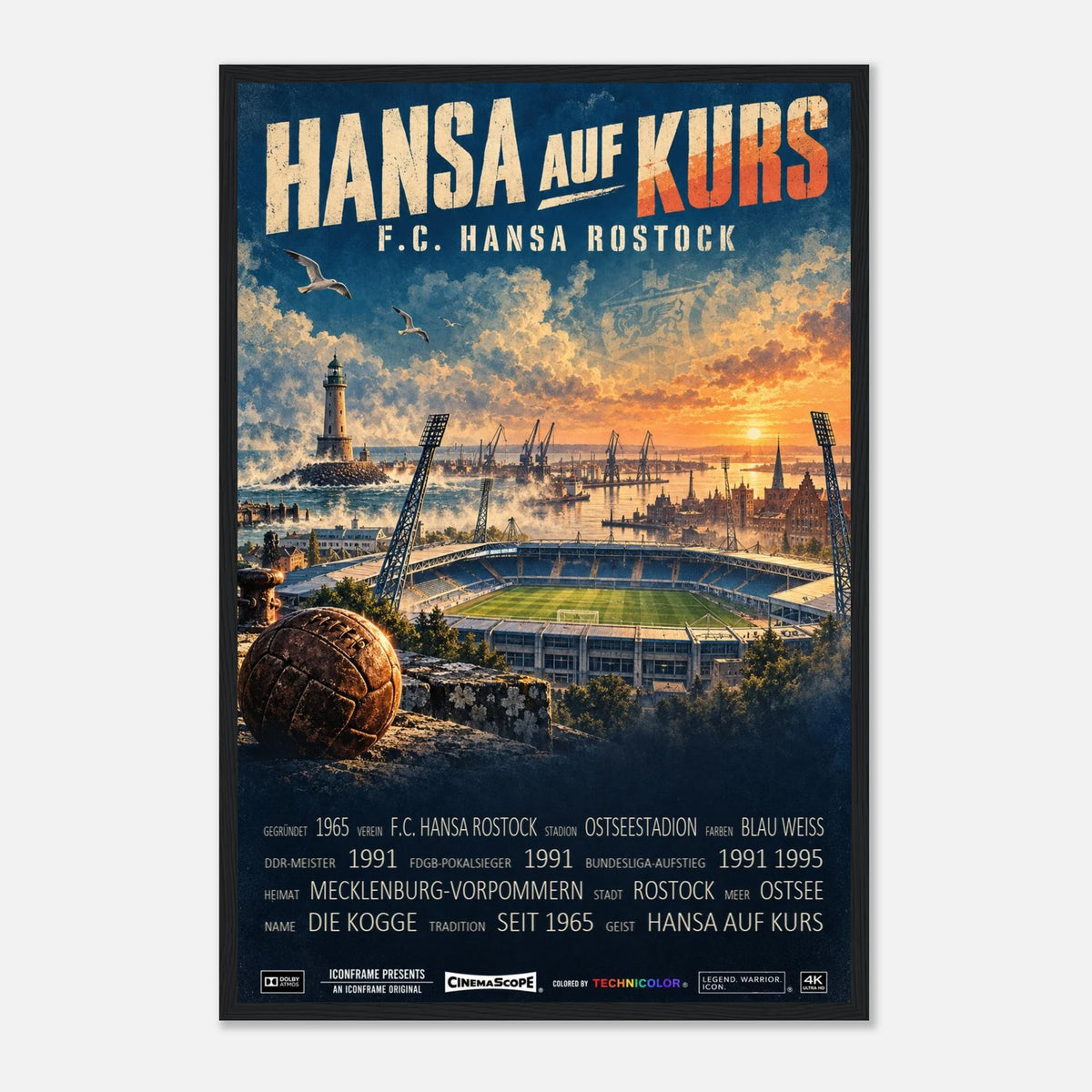 Hansa Rostock Poster „Hansa auf Kurs“ – 40 × 60 cm, mit schwarzem Holzrahmen