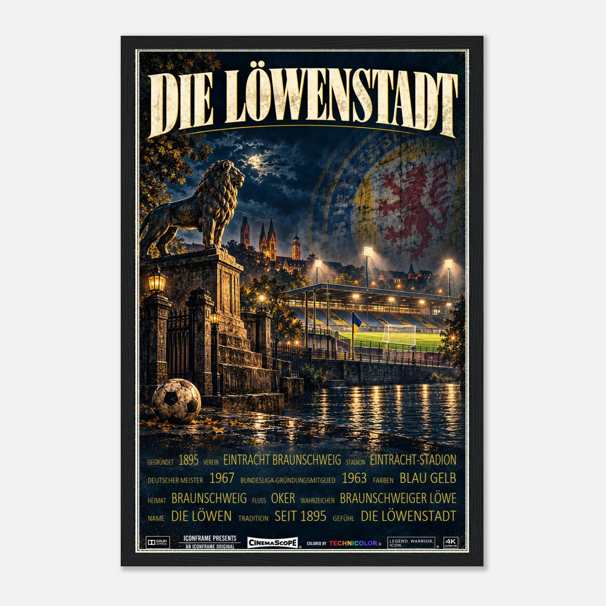 Eintracht Braunschweig Poster „Die Löwenstadt“ – 30 × 45 cm, mit schwarzem Holzrahmen vor hellem Hintergrund