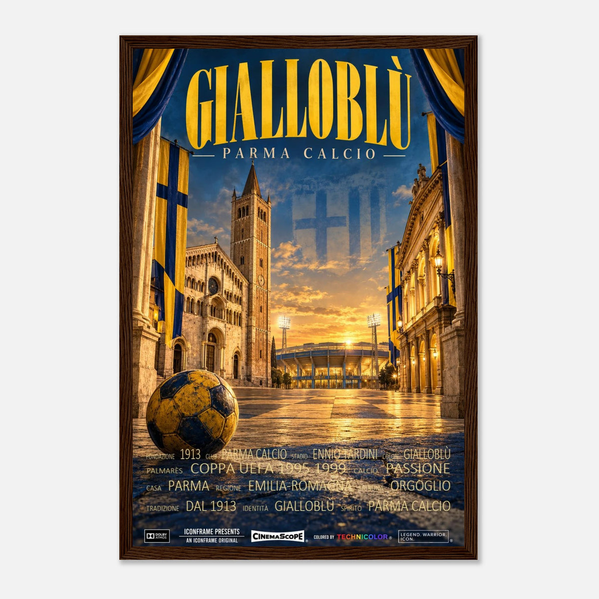 Parma Calcio Poster „Gialloblù“ – 30 × 45 cm, mit dunkelbraunem Holzrahmen vor hellem Hintergrund