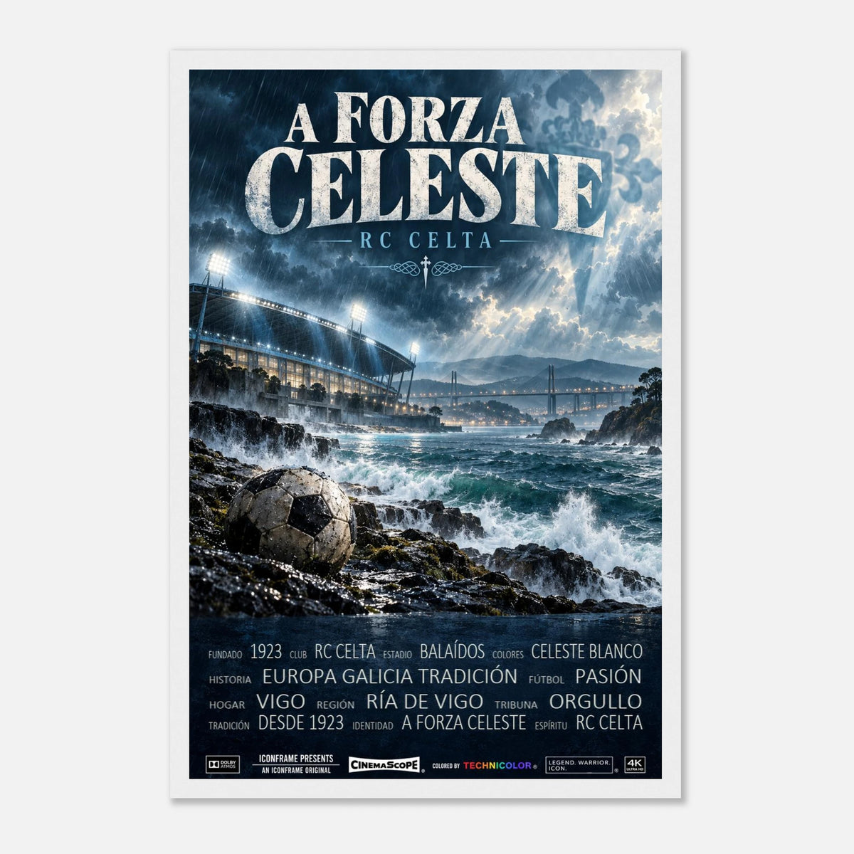 Celta Vigo Poster „A Forza Celeste“ – 30 × 45 cm, mit weißem Holzrahmen vor hellem Hintergrund