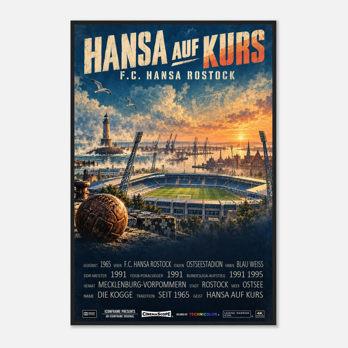 Hansa Rostock Poster „Hansa auf Kurs“ – 60 × 90 cm, mit schwarzem Holzrahmen