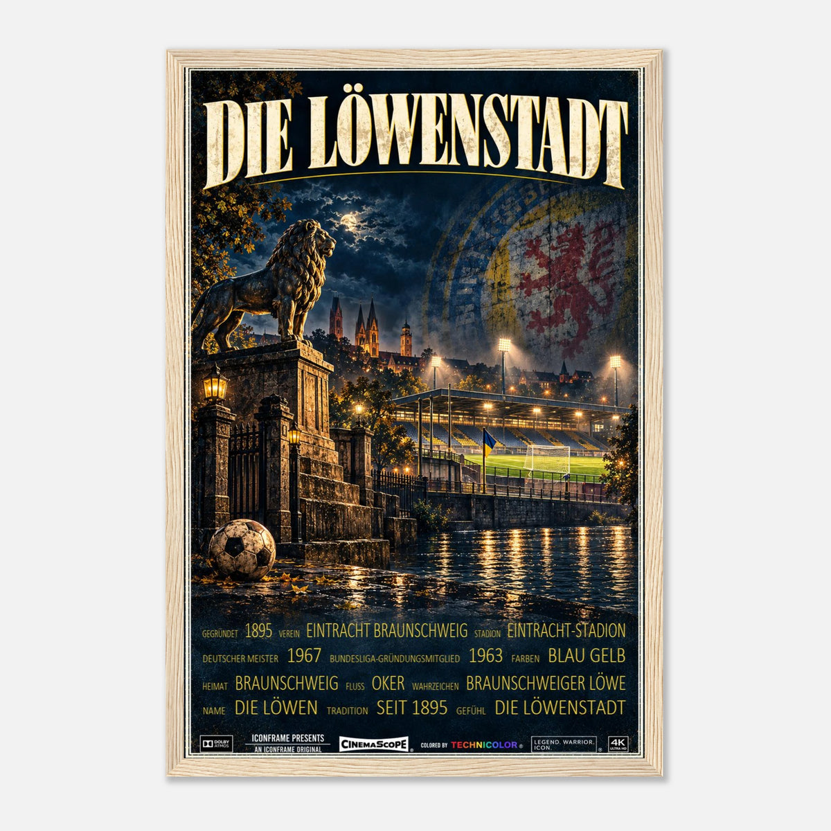 Eintracht Braunschweig Poster „Die Löwenstadt“ – 30 × 45 cm, mit naturfarbenem Holzrahmen vor hellem Hintergrund