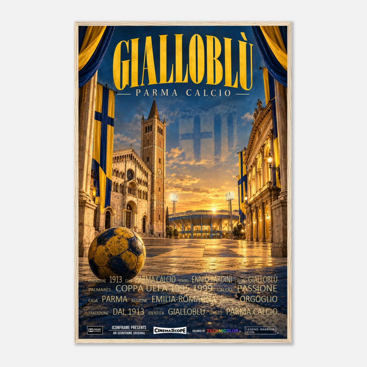 Parma Calcio Poster „Gialloblù“ – 60 × 90 cm, mit naturfarbenem Holzrahmen vor hellem Hintergrund