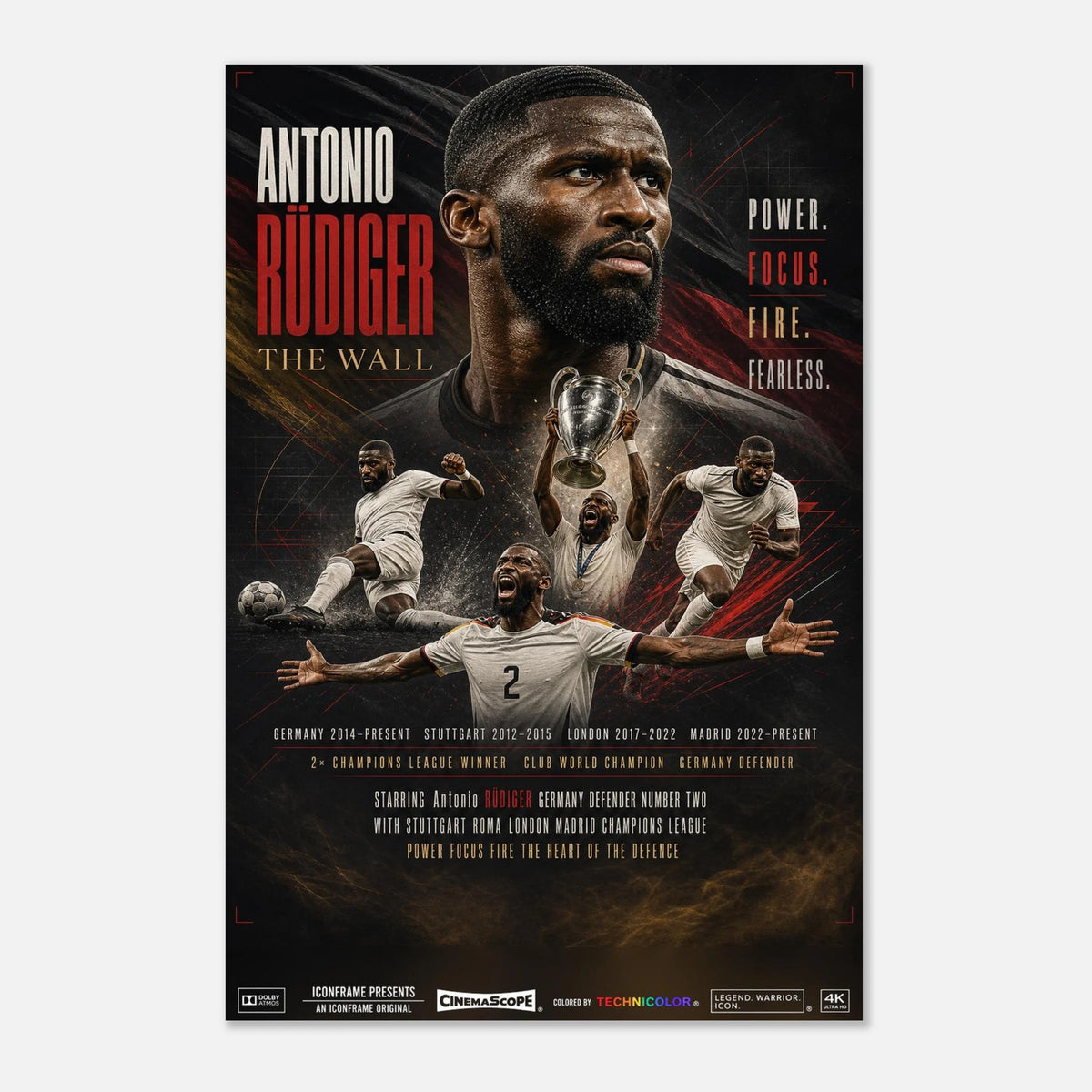 Antonio Rüdiger Fußballposter im Retro-Kinostil von ICONFRAME, 60 × 90 cm, ohne Rahmen