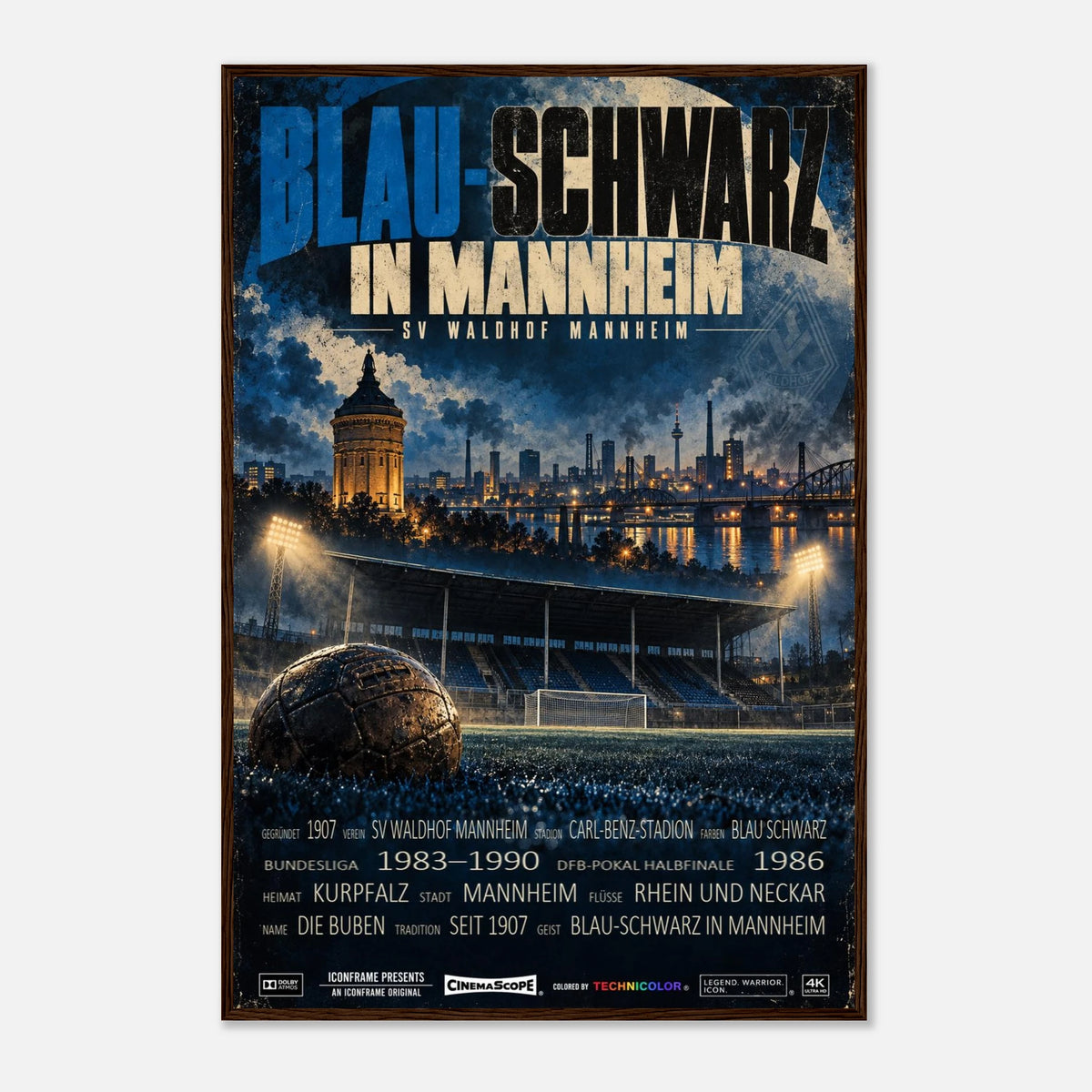 SV Waldhof Mannheim Poster „Blau-Schwarz in Mannheim“ – 60 × 90 cm, mit dunkelbraunem Holzrahmen