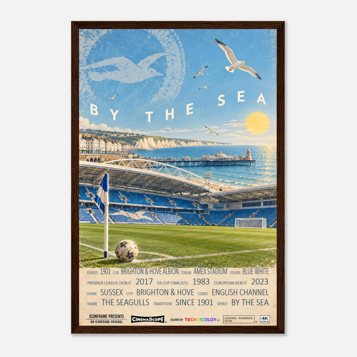Brighton & Hove Albion Poster „By the Sea“ – 30 × 45 cm, mit dunkelbraunem Holzrahmen vor hellem Hintergrund