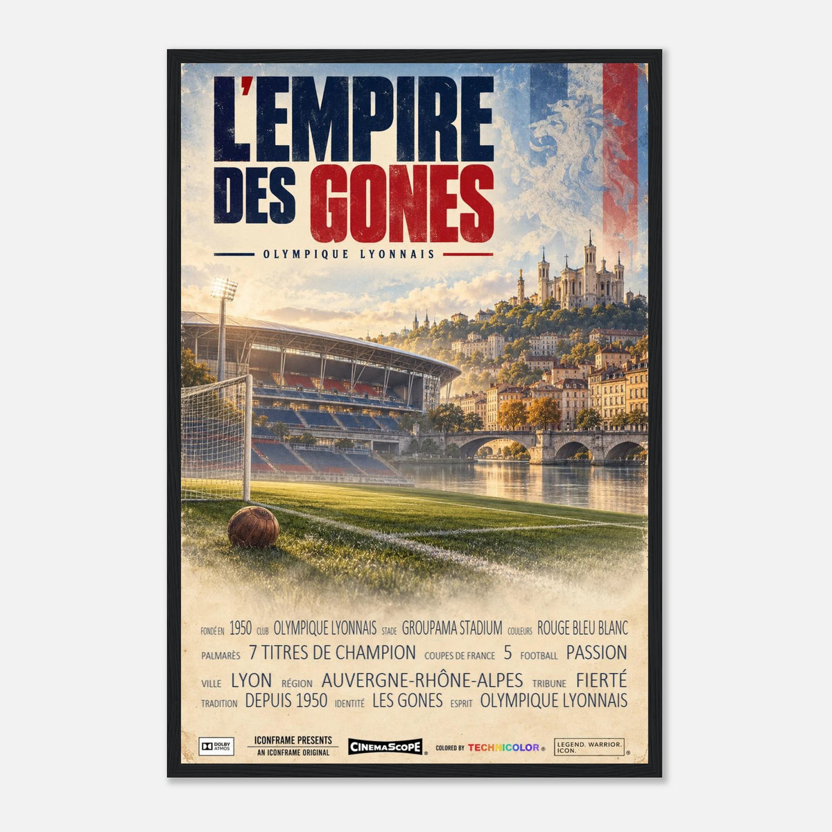 Olympique Lyon Poster „L’Empire des Gones“ – 40 × 60 cm, mit schwarzem Holzrahmen