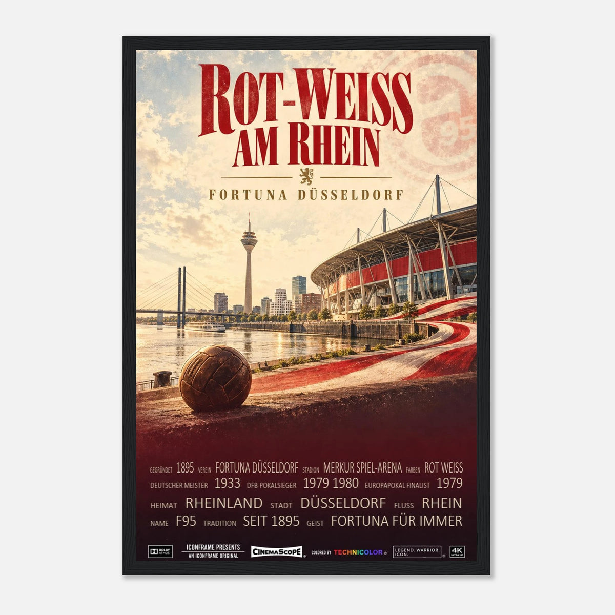 Fortuna Düsseldorf Poster „Rot-Weiss am Rhein“ – 30 × 45 cm, mit schwarzem Holzrahmen