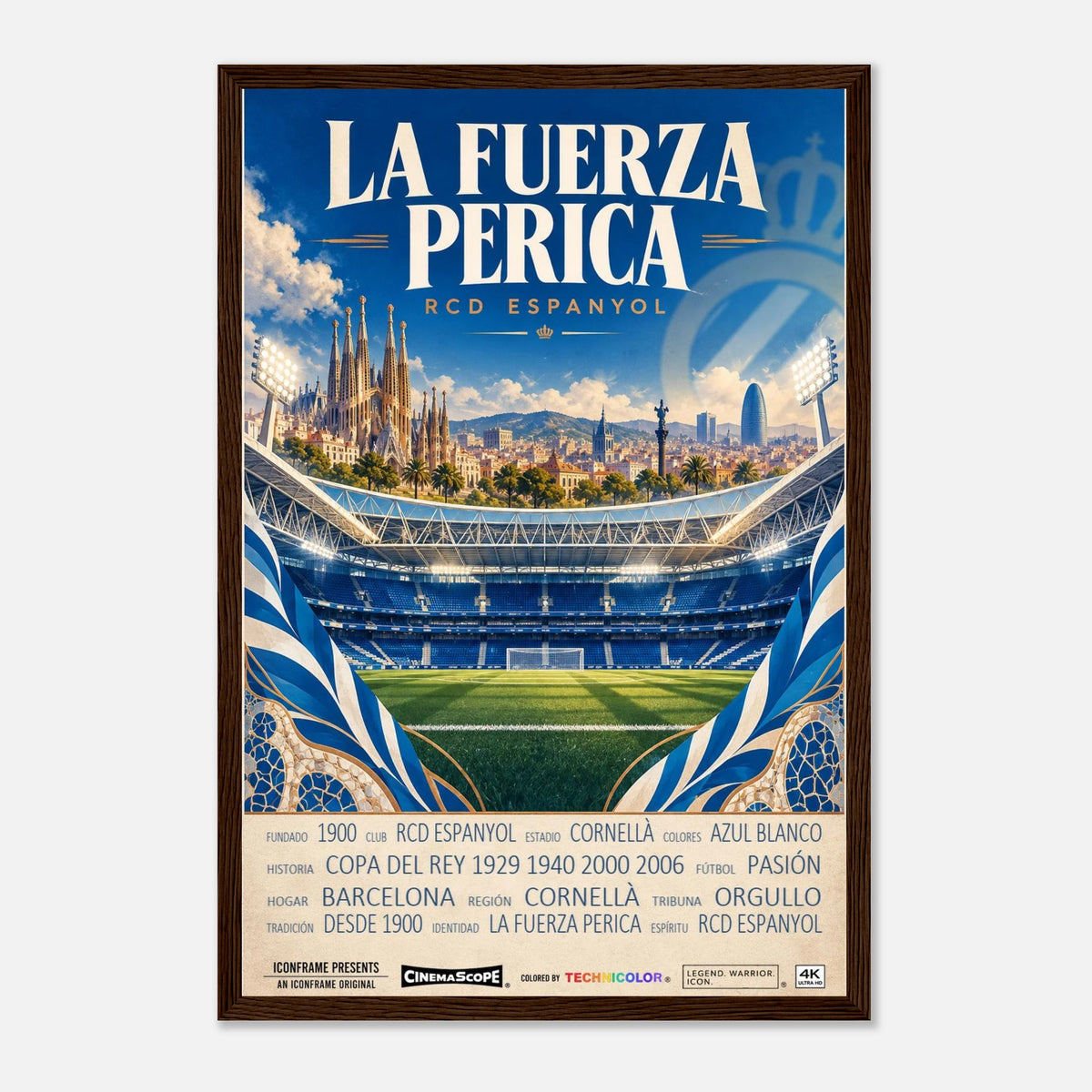 Espanyol Barcelona Poster „La Fuerza Perica“ – 30 × 45 cm, mit dunkelbraunem Holzrahmen vor hellem Hintergrund