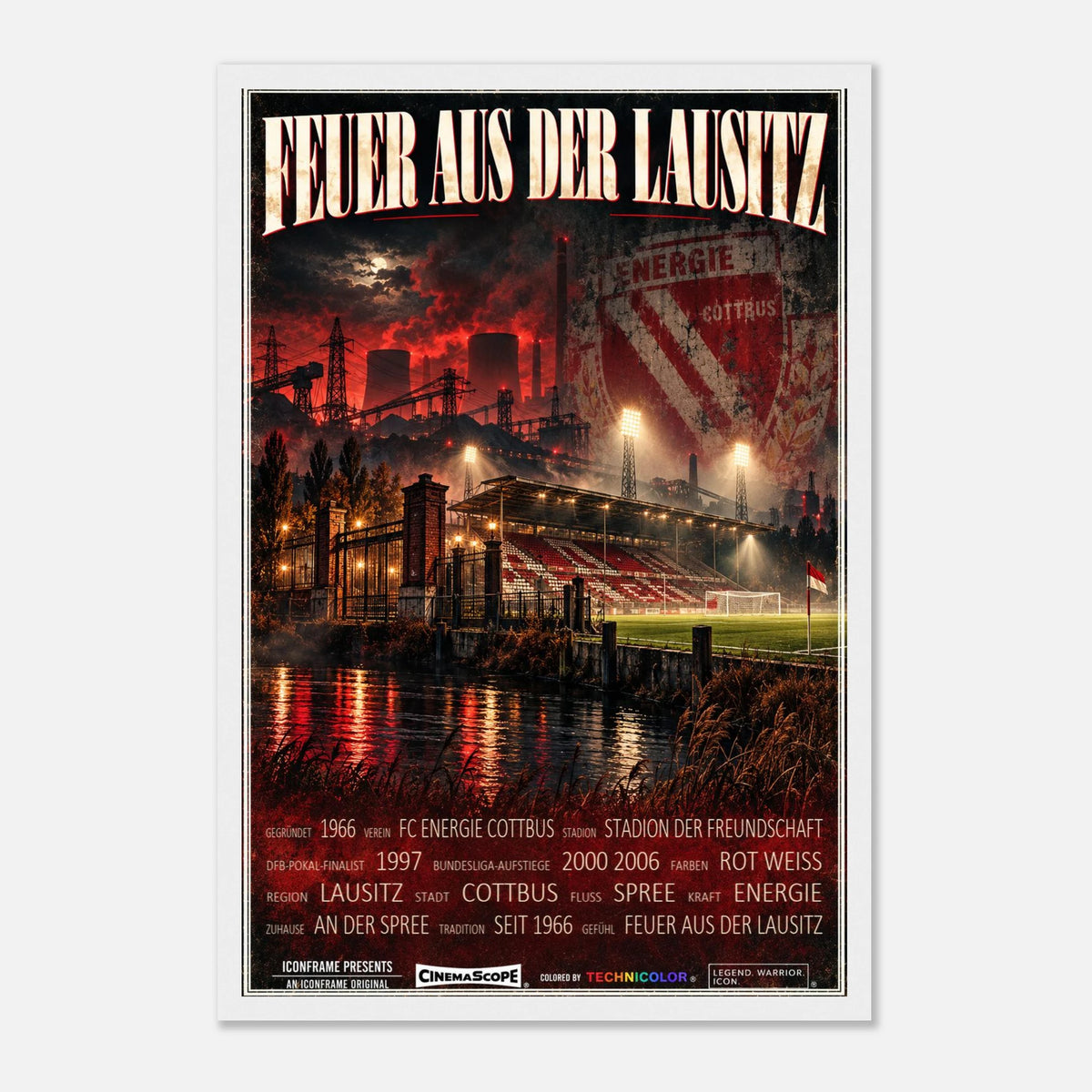 Energie Cottbus Poster „Feuer aus der Lausitz“ – 30 × 45 cm, mit weißem Holzrahmen vor hellem Hintergrund