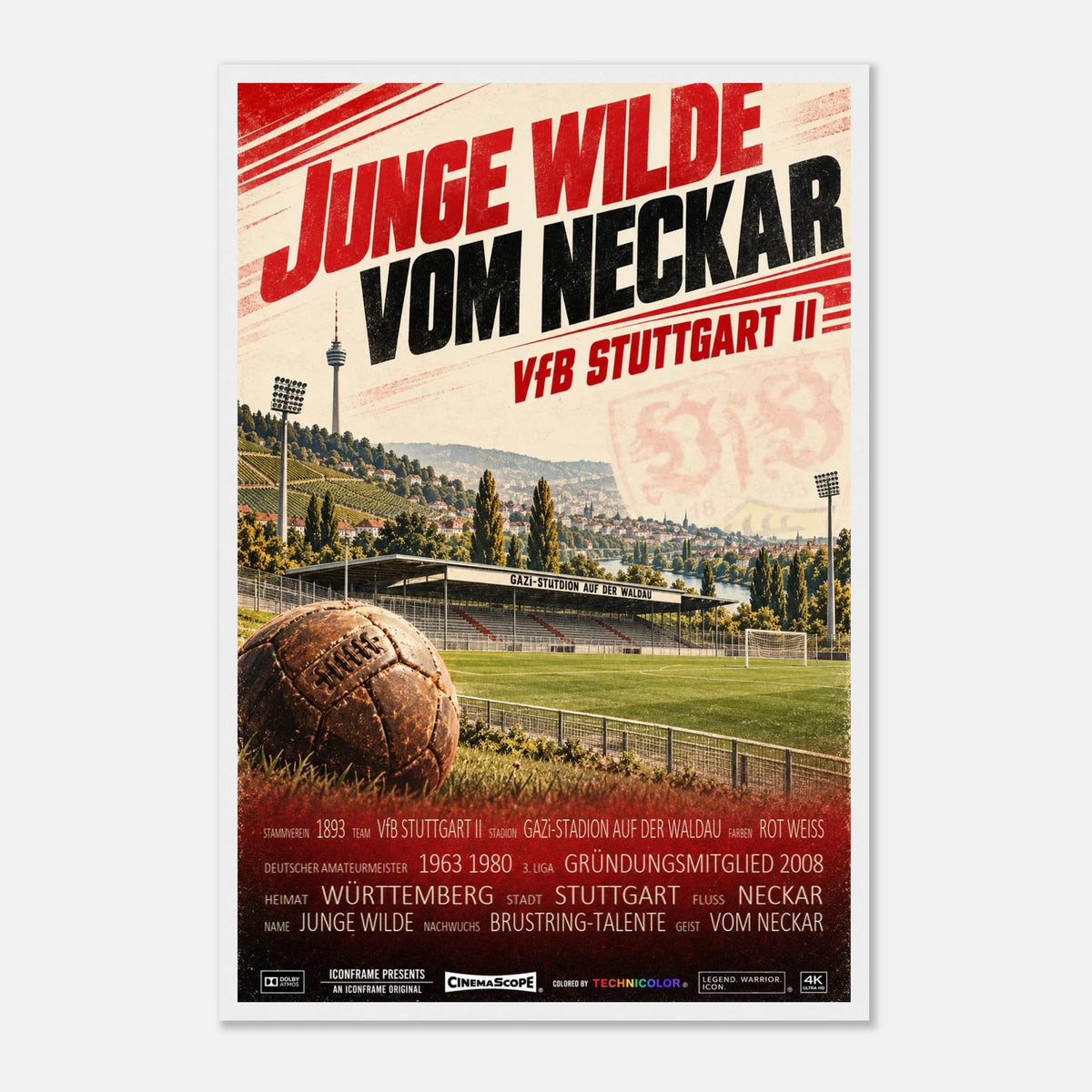VfB Stuttgart II Poster „Junge Wilde vom Neckar“ – 40 × 60 cm, mit weißem Holzrahmen
