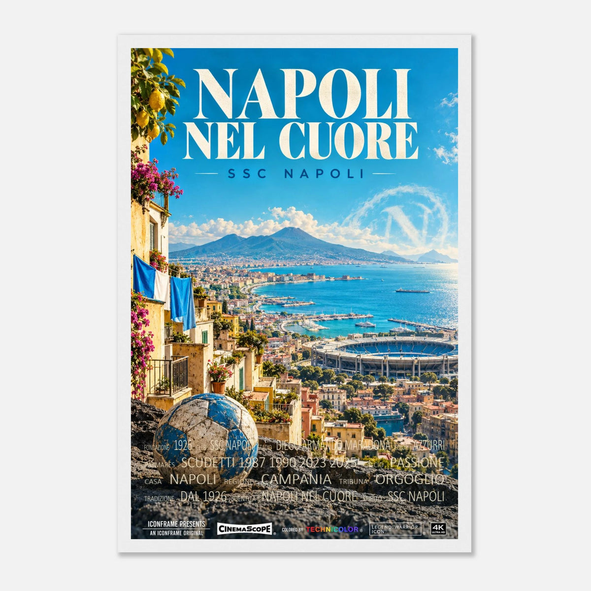 SSC Neapel Poster „Napoli nel Cuore“ – 30 × 45 cm, mit weißem Holzrahmen vor hellem Hintergrund