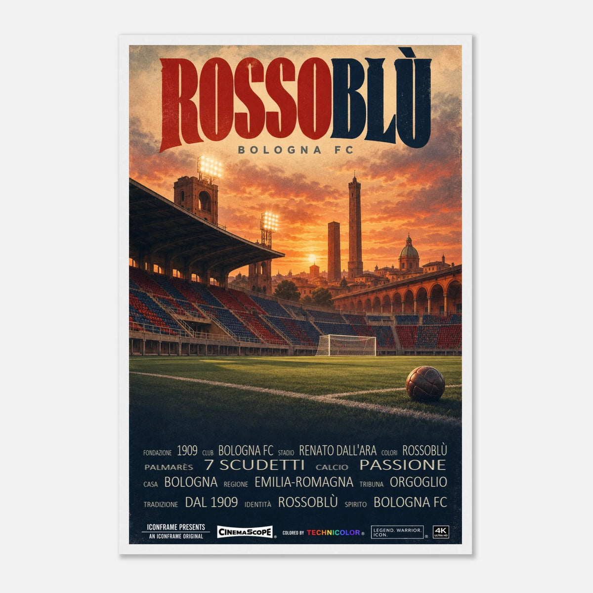 FC Bologna Poster „Rossoblù“ – 40 × 60 cm, mit weißem Holzrahmen vor hellem Hintergrund
