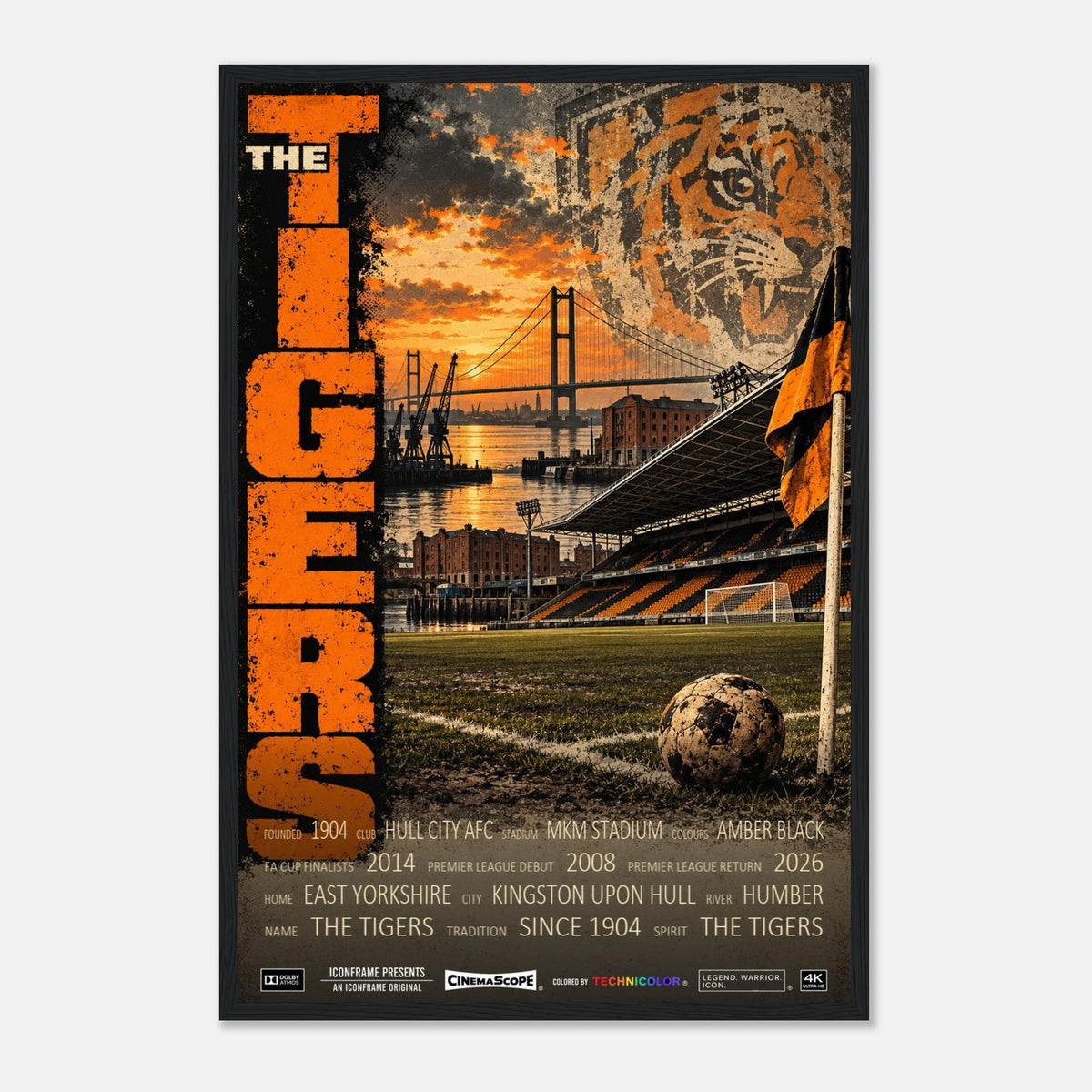 Hull City Poster „The Tigers“ – 40 × 60 cm, mit schwarzem Holzrahmen vor hellem Hintergrund