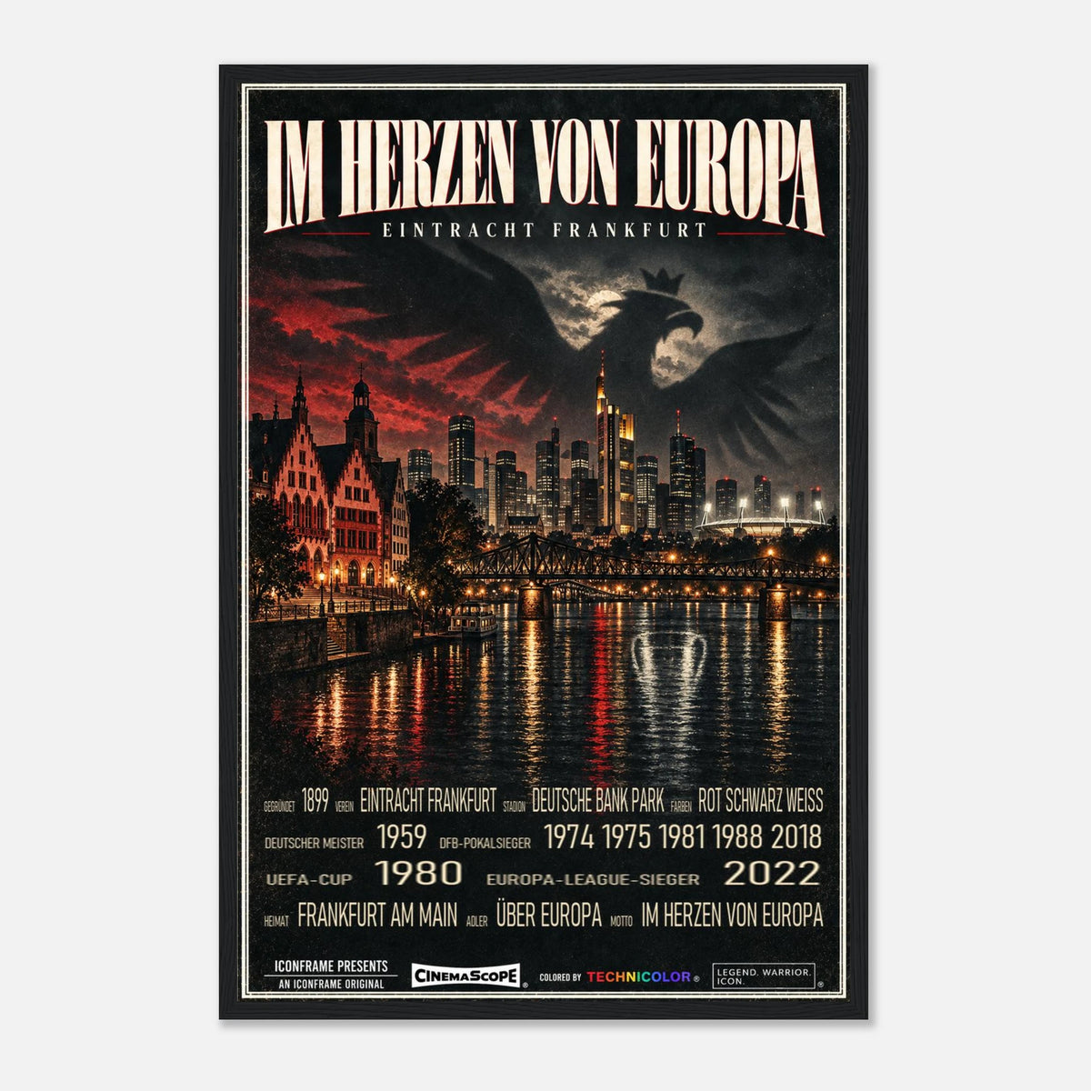 Eintracht Frankfurt Poster „Im Herzen von Europa“ – 40 × 60 cm, mit schwarzem Holzrahmen vor hellem Hintergrund